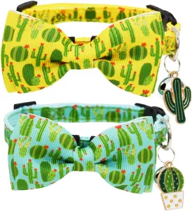 2 Pack Cactus Breakaway Cat Collar Bow Tie with Bell and Pendant Adjustable Safety Buckle Collars for Kitten Yellow and Green