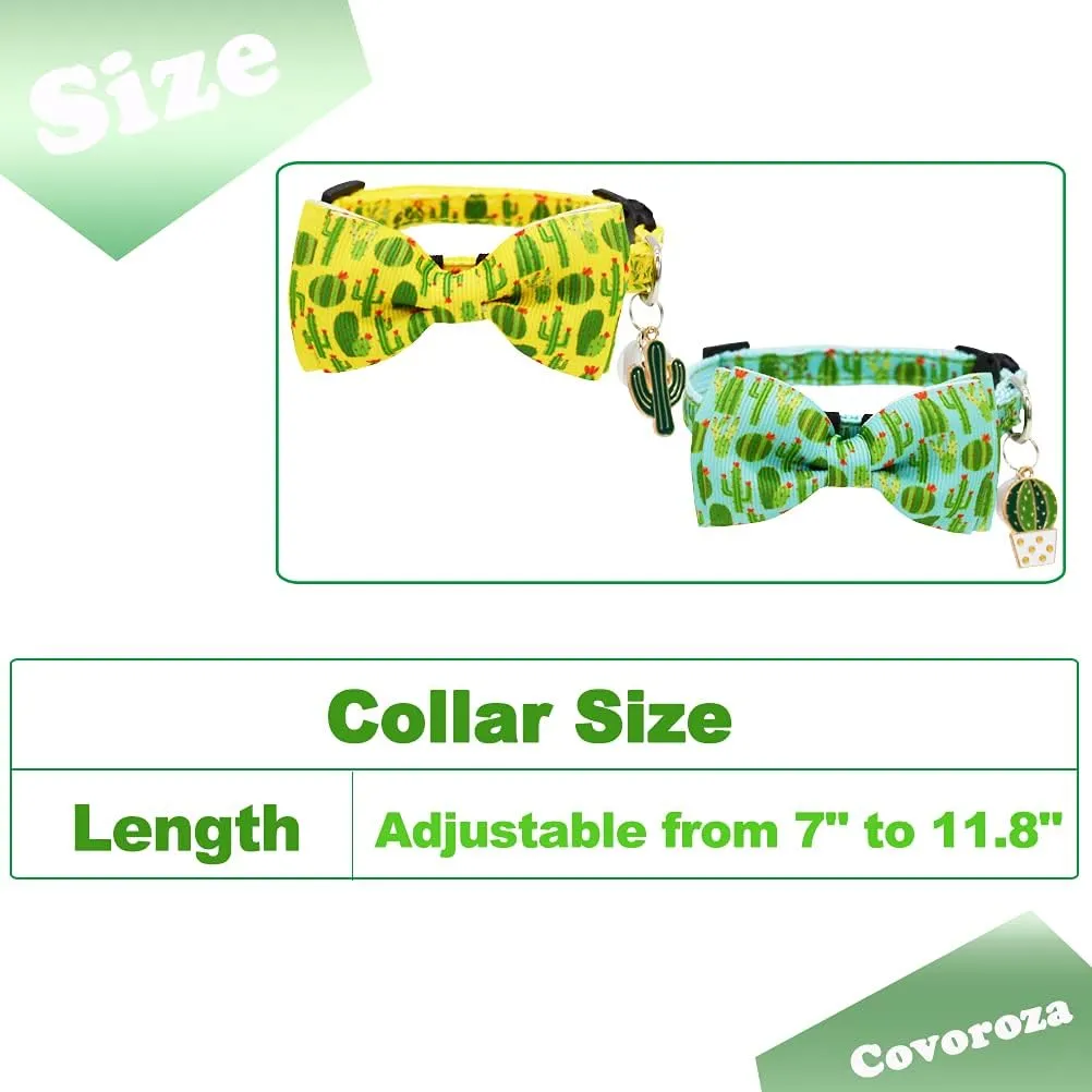 2 Pack Cactus Breakaway Cat Collar Bow Tie with Bell and Pendant Adjustable Safety Buckle Collars for Kitten Yellow and Green