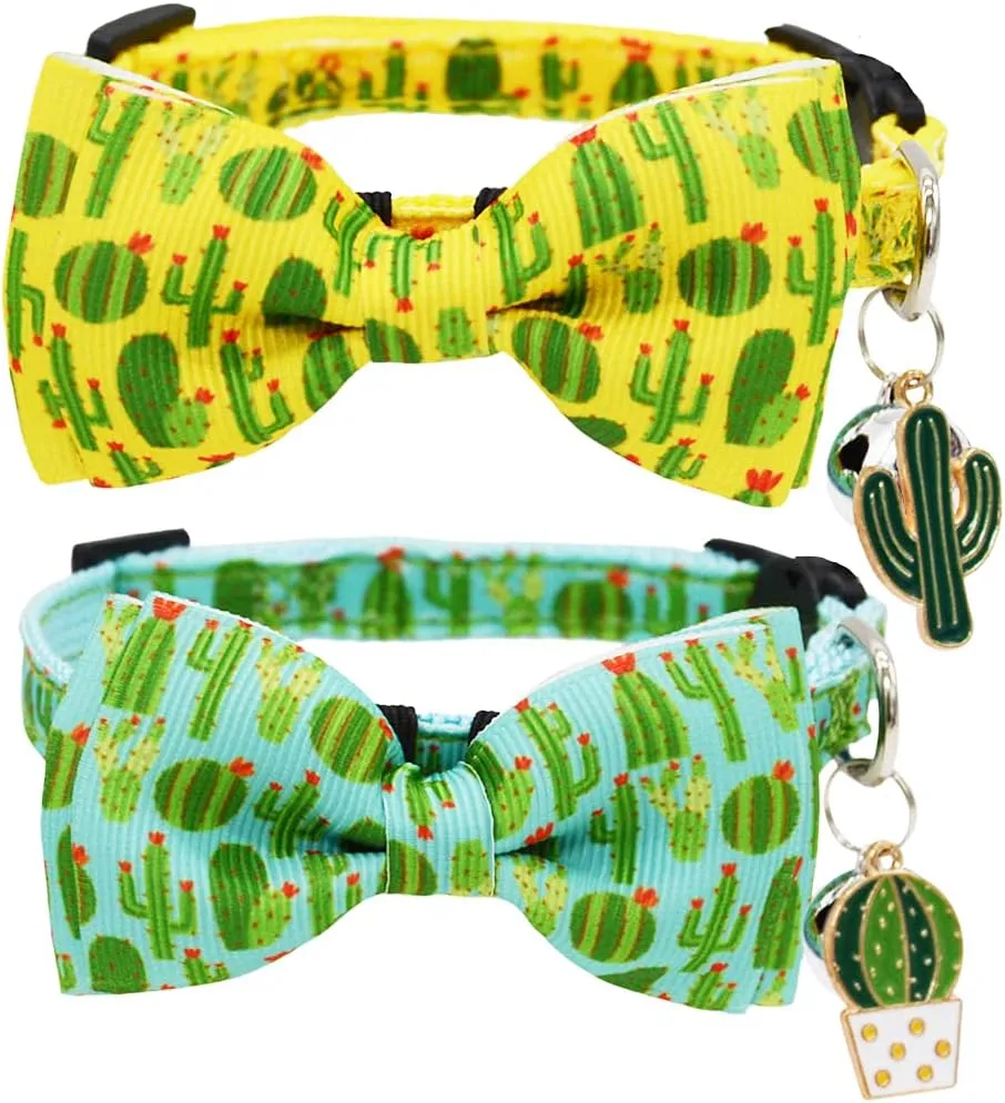 2 Pack Cactus Breakaway Cat Collar Bow Tie with Bell and Pendant Adjustable Safety Buckle Collars for Kitten Yellow and Green