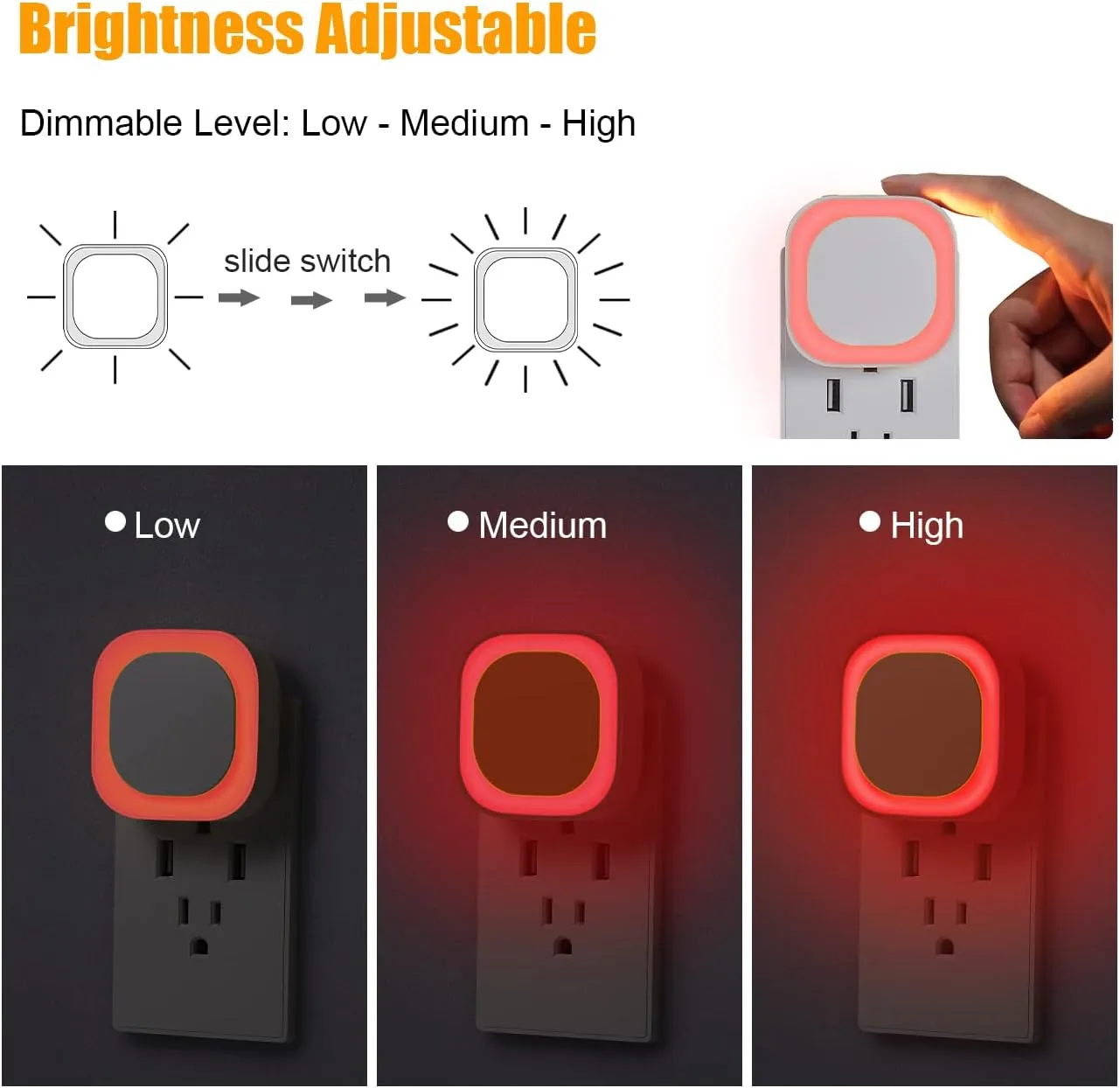 2 Pack Plug in Dimmable Red Night Light, Auto Dusk to Dawn Sensor, LED Night Light, Soft Glow, Diffused Light, for Baby Nursery, Kids, Bathroom, Hallway, Bedroom, Kitchen, as Gifts