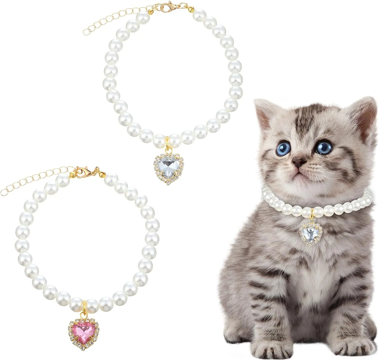 2 PCS Cat Dog Pearl Collar, Bling Heart Shape Rhinestone Pet Necklace Cute Adjustable Wedding Party Pet Jewelry Accessories Birthday Wedding Collar for Cats Puppy(Pink   White)