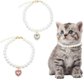 2 PCS Cat Dog Pearl Collar, Bling Heart Shape Rhinestone Pet Necklace Cute Adjustable Wedding Party Pet Jewelry Accessories Birthday Wedding Collar for Cats Puppy(Pink   White)
