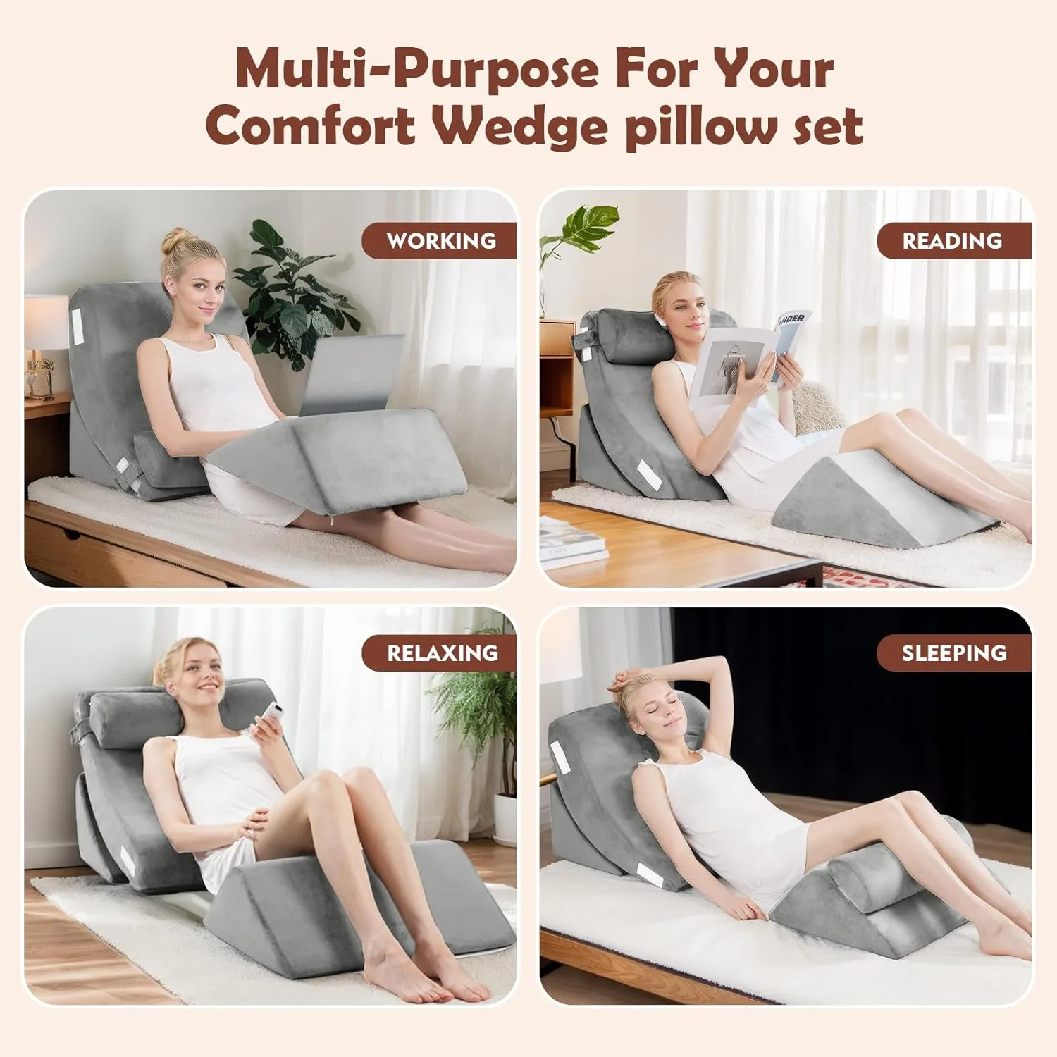 4pcs Orthopedic Bed Wedge Pillow Set, Post Surgery Memory Foam for Back, Leg Pain Relief, Sitting Pillow, Adjustable Pillows Acid Reflux and GERD for Sleeping
