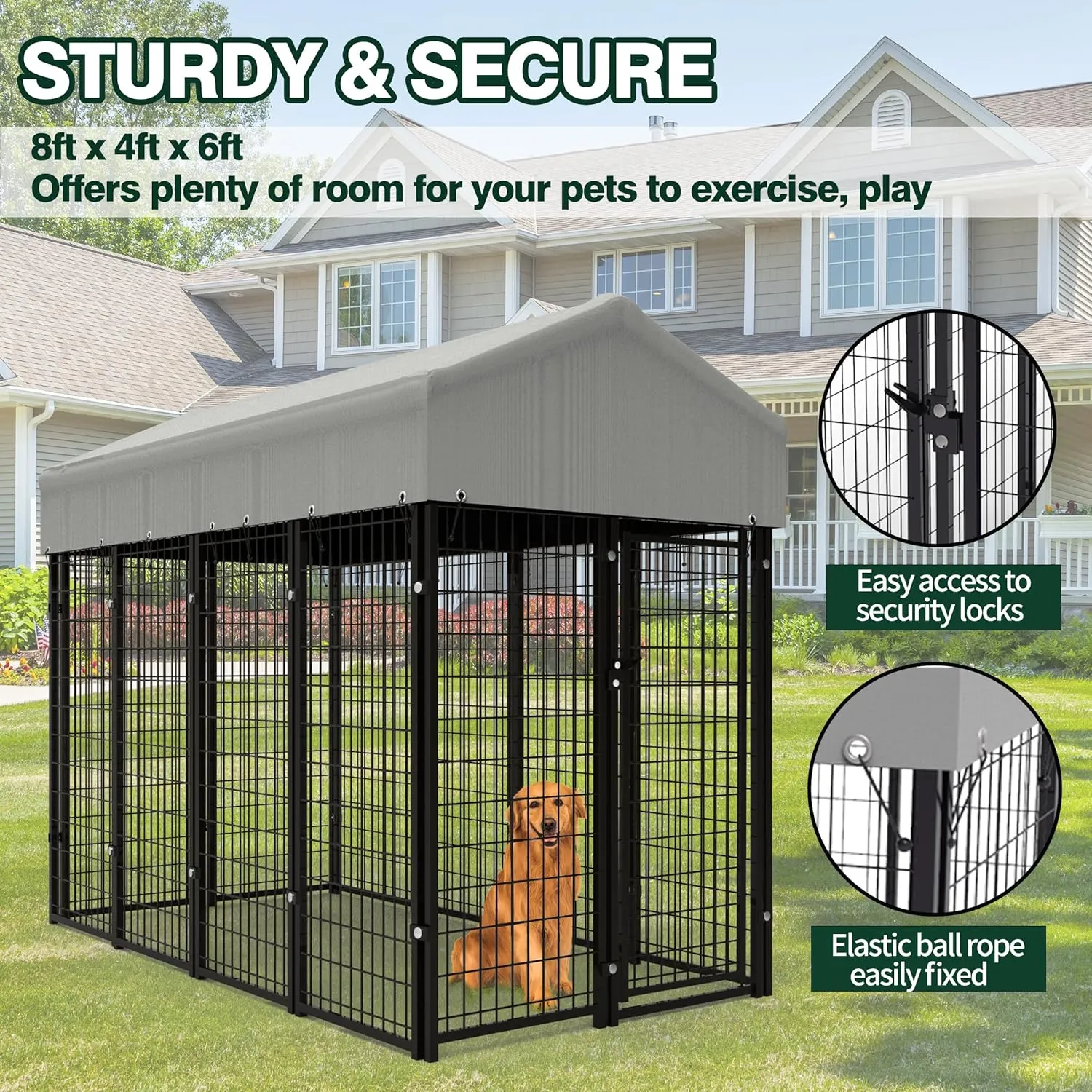 8x4x6 FT Outdoor Dog Kennel for Large Dogs, Heavy Duty Welded Wire Steel Dog Playpen Fence with Secure Lock, Pet Pen with UV-Resistant Waterproof Roof Cover for Outside