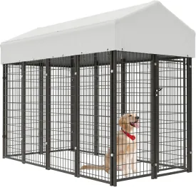 8x4x6 FT Outdoor Dog Kennel for Large Dogs, Heavy Duty Welded Wire Steel Dog Playpen Fence with Secure Lock, Pet Pen with UV-Resistant Waterproof Roof Cover for Outside