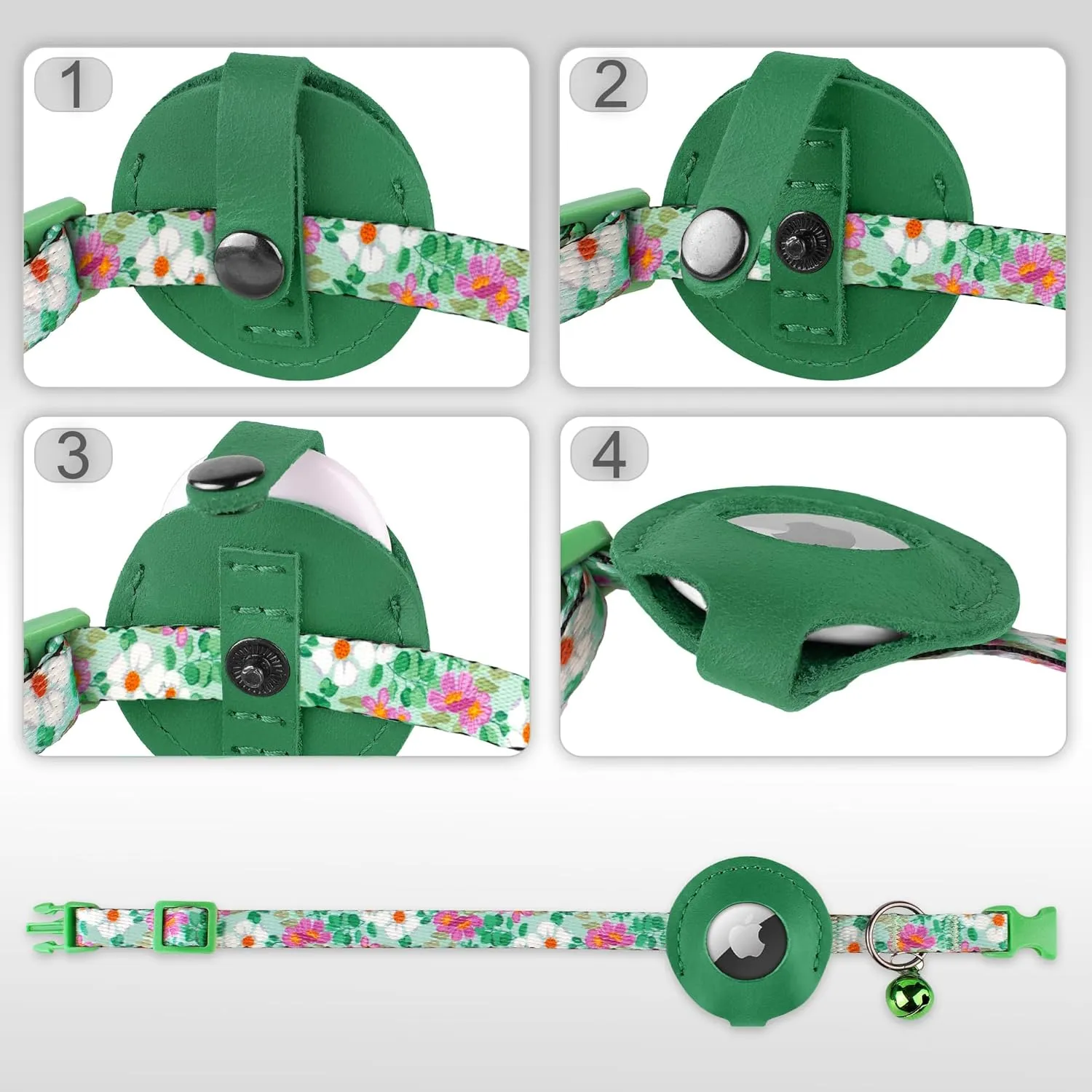 Airtag Cat Collar with Bell - Non Breakaway Soft Pet Collar with Leather Air Tag Holder - Adjustable GPS Anti-Lost Collars for Girl Boy Cats Kitten Puppies, Lightweight and Patterned (Floral Green)