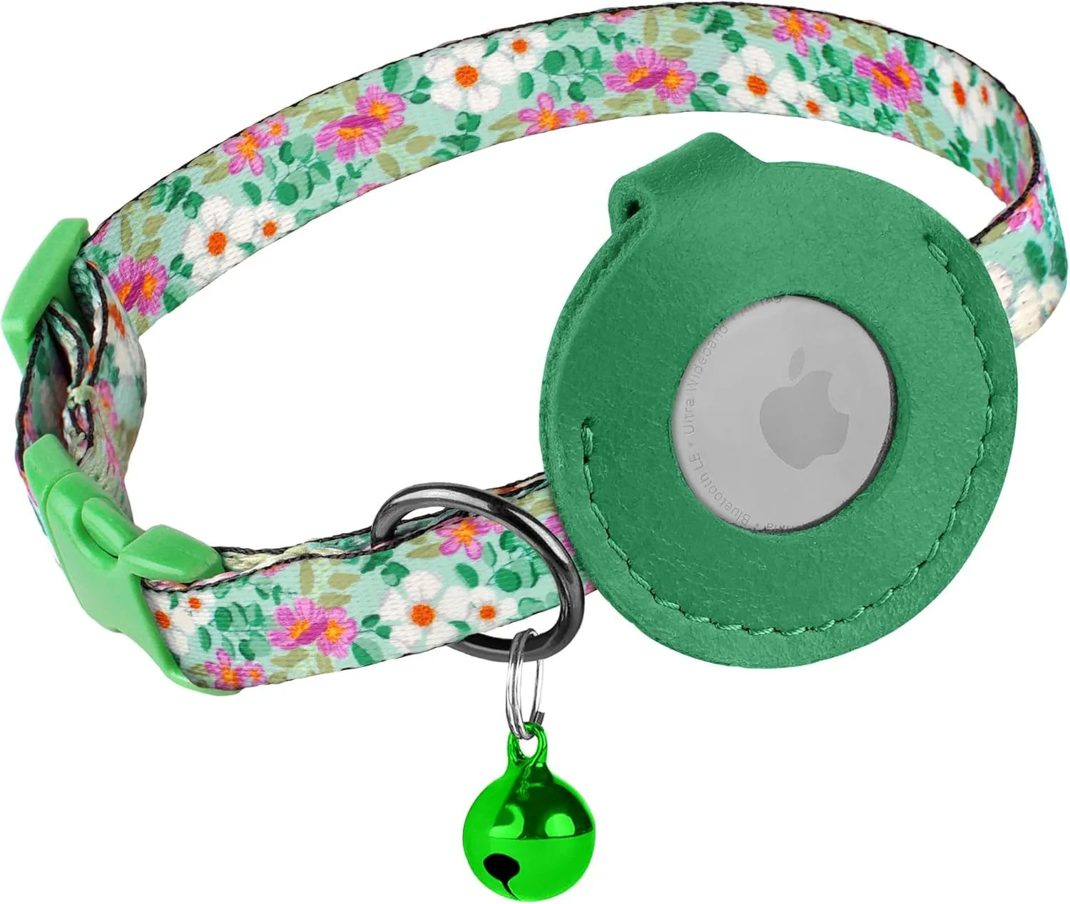 Airtag Cat Collar with Bell - Non Breakaway Soft Pet Collar with Leather Air Tag Holder - Adjustable GPS Anti-Lost Collars for Girl Boy Cats Kitten Puppies, Lightweight and Patterned (Floral Green)