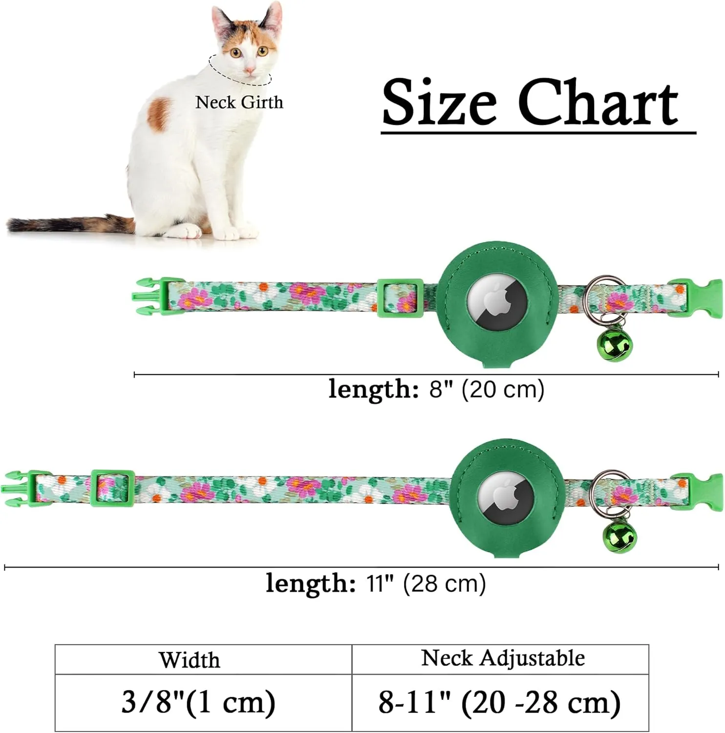 Airtag Cat Collar with Bell - Non Breakaway Soft Pet Collar with Leather Air Tag Holder - Adjustable GPS Anti-Lost Collars for Girl Boy Cats Kitten Puppies, Lightweight and Patterned (Floral Green)