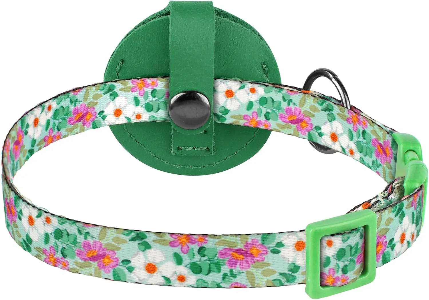 Airtag Cat Collar with Bell - Non Breakaway Soft Pet Collar with Leather Air Tag Holder - Adjustable GPS Anti-Lost Collars for Girl Boy Cats Kitten Puppies, Lightweight and Patterned (Floral Green)
