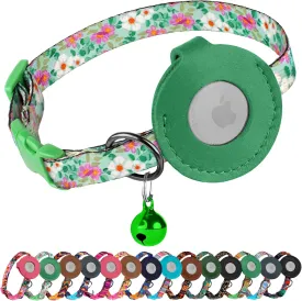 Airtag Cat Collar with Bell - Non Breakaway Soft Pet Collar with Leather Air Tag Holder - Adjustable GPS Anti-Lost Collars for Girl Boy Cats Kitten Puppies, Lightweight and Patterned (Floral Green)