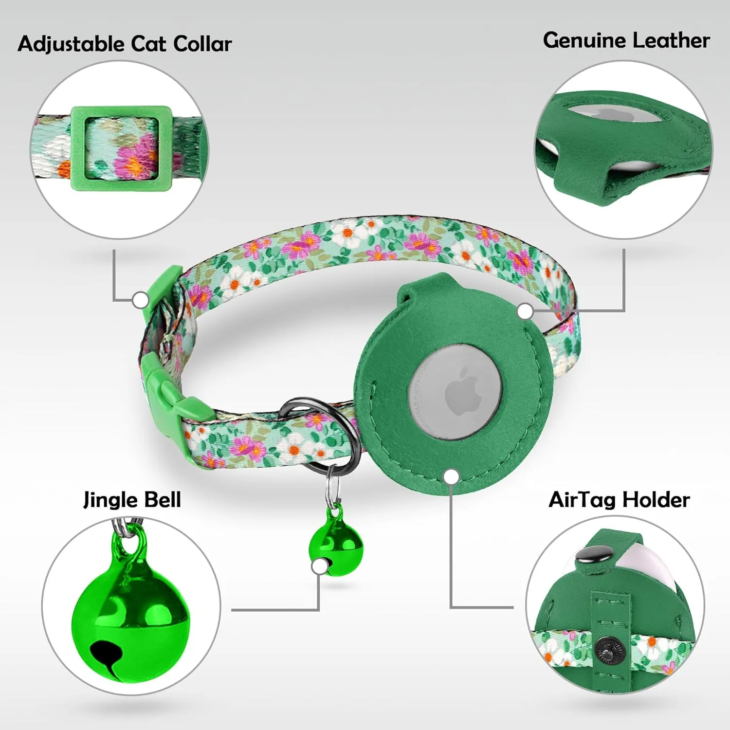 Airtag Cat Collar with Bell - Non Breakaway Soft Pet Collar with Leather Air Tag Holder - Adjustable GPS Anti-Lost Collars for Girl Boy Cats Kitten Puppies, Lightweight and Patterned (Floral Green)
