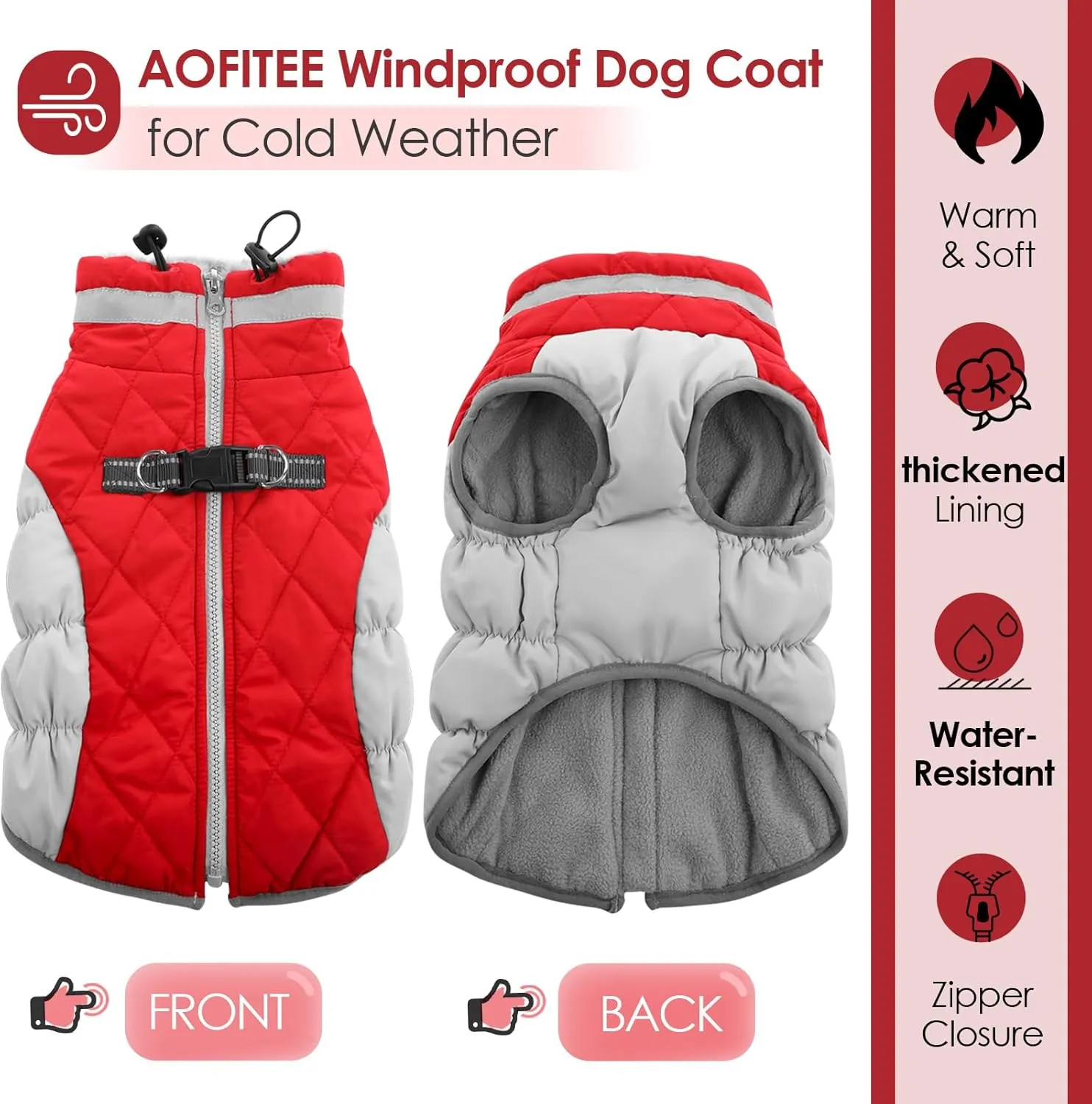 AOFITEE Dog Coat, Warm Dog Jackets for Small Dogs, Dogs Winter Coat with Harness Built in, Reflective Pet Winter Jacket, Waterproof Windproof Puppy Puffer Jacket Fleece Vest, Christmas Red XS