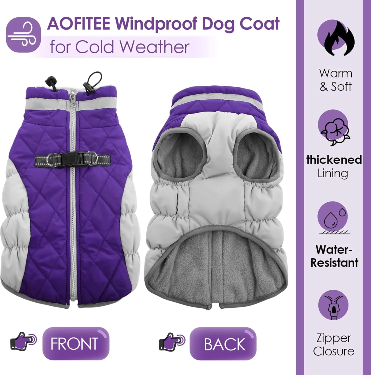 AOFITEE Dog Coat, Warm Dog Jackets for Small Dogs, Dogs Winter Coat with Harness Built in, Reflective Pet Winter Jacket, Waterproof Windproof Puppy Puffer Jacket Fleece Vest, Purple XS