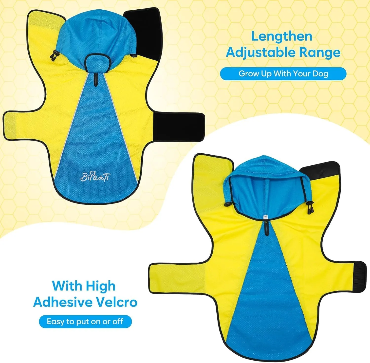 BiPawTi Dog Rain Jackets for Medium Dogs, Lightweight Reflective Safety Pet Rain Jacket, Waterproof Dog Raincoat with Hood/Leash Hole/Reflective Strip - Yellow   Blue, M