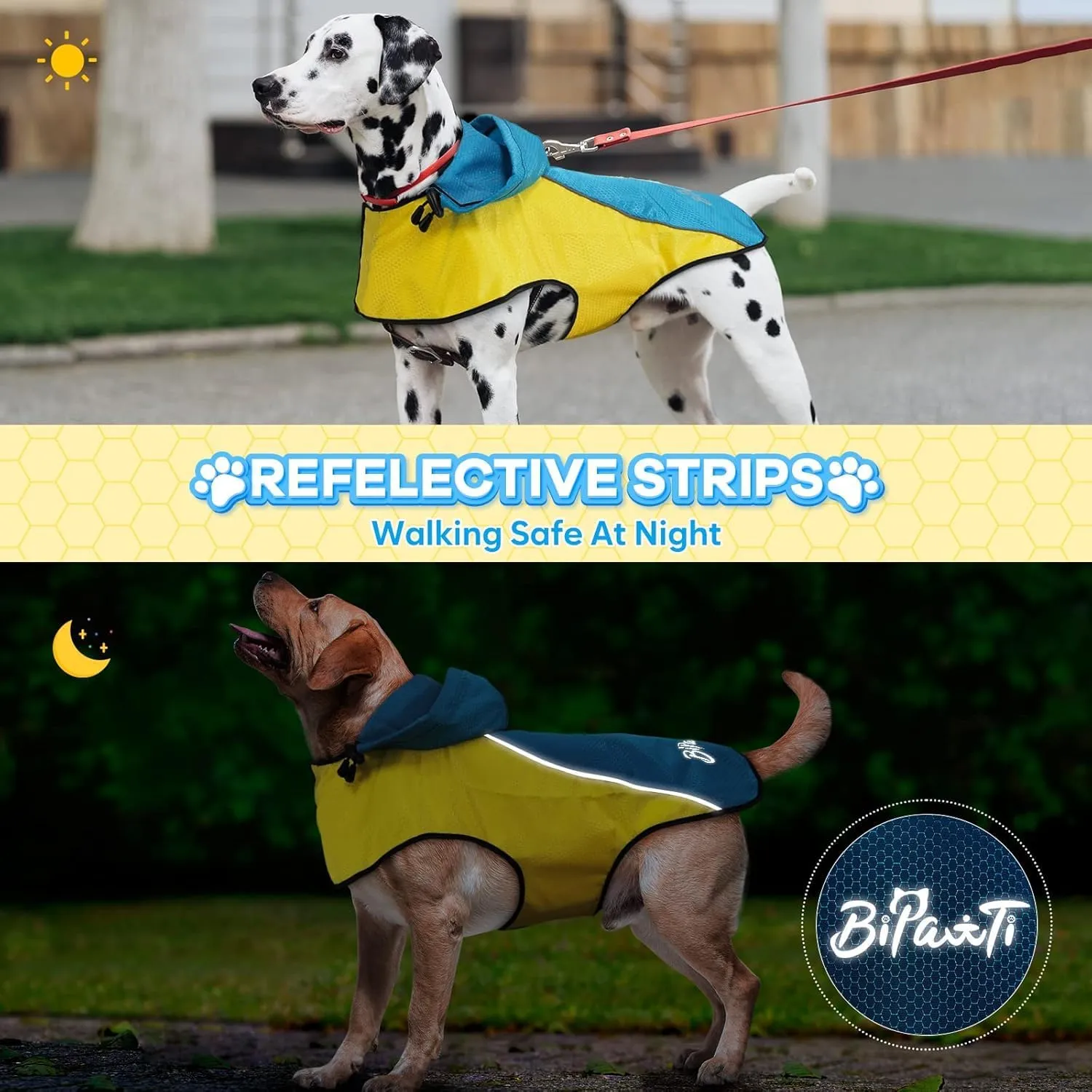 BiPawTi Dog Rain Jackets for Medium Dogs, Lightweight Reflective Safety Pet Rain Jacket, Waterproof Dog Raincoat with Hood/Leash Hole/Reflective Strip - Yellow   Blue, M
