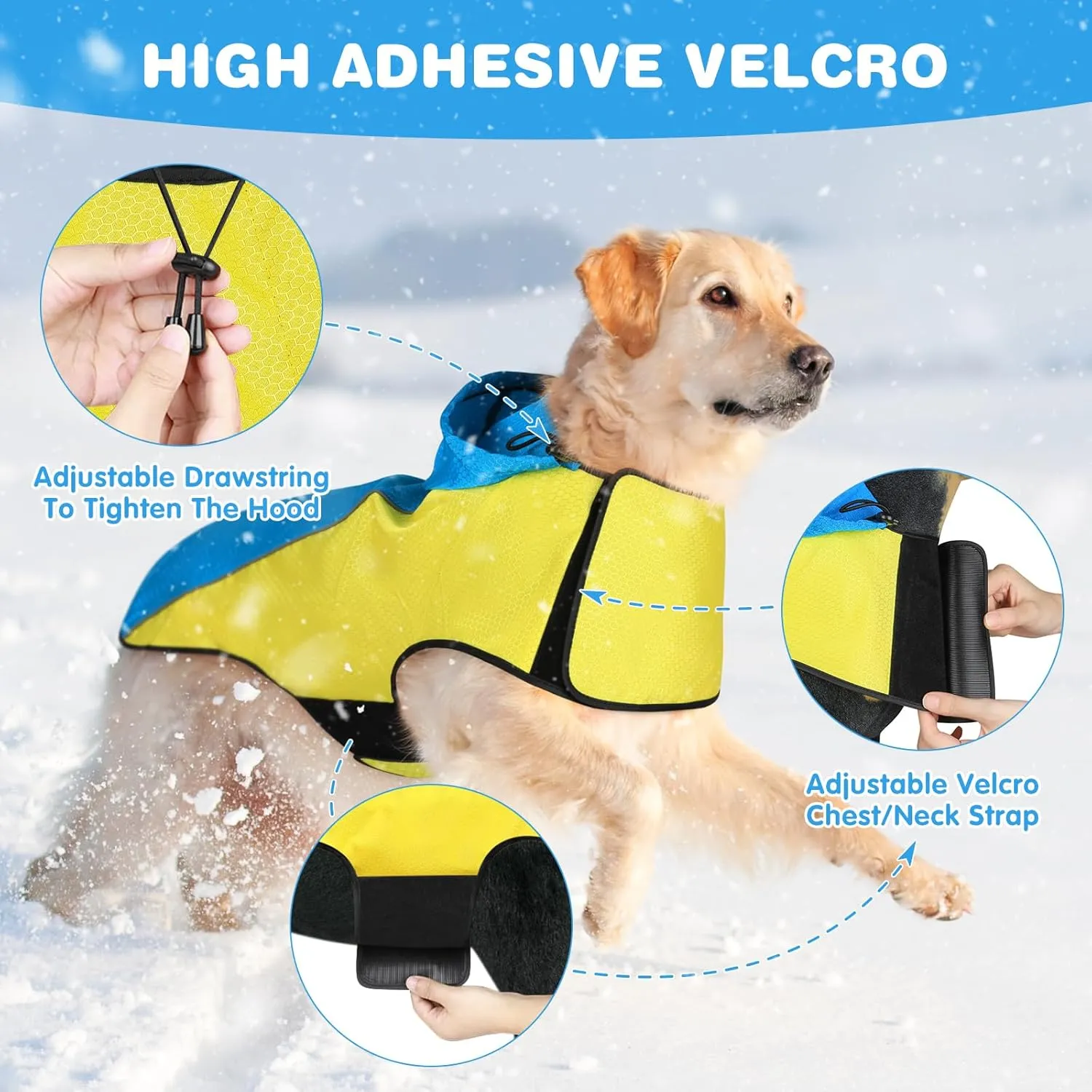 BiPawTi Dog Rain Jackets for Medium Dogs, Lightweight Reflective Safety Pet Rain Jacket, Waterproof Dog Raincoat with Hood/Leash Hole/Reflective Strip - Yellow   Blue, M