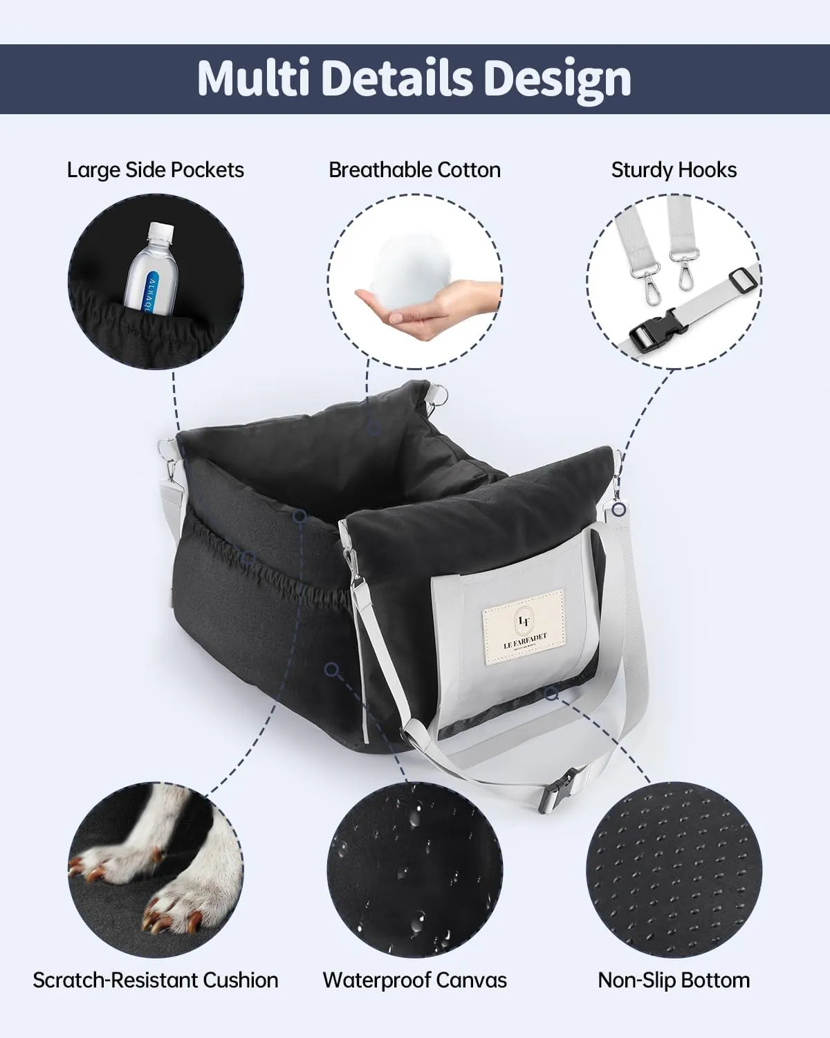 Dog Car Seat for Meduim Dogs - Waterproof Dog Booster Seat for Car with 4 Storage Pockets, Clip-On Safety Leash and Soft Plush Cushion, Pet Carrier for Small Dogs with Durable Belts up to 25 lbs, Gray