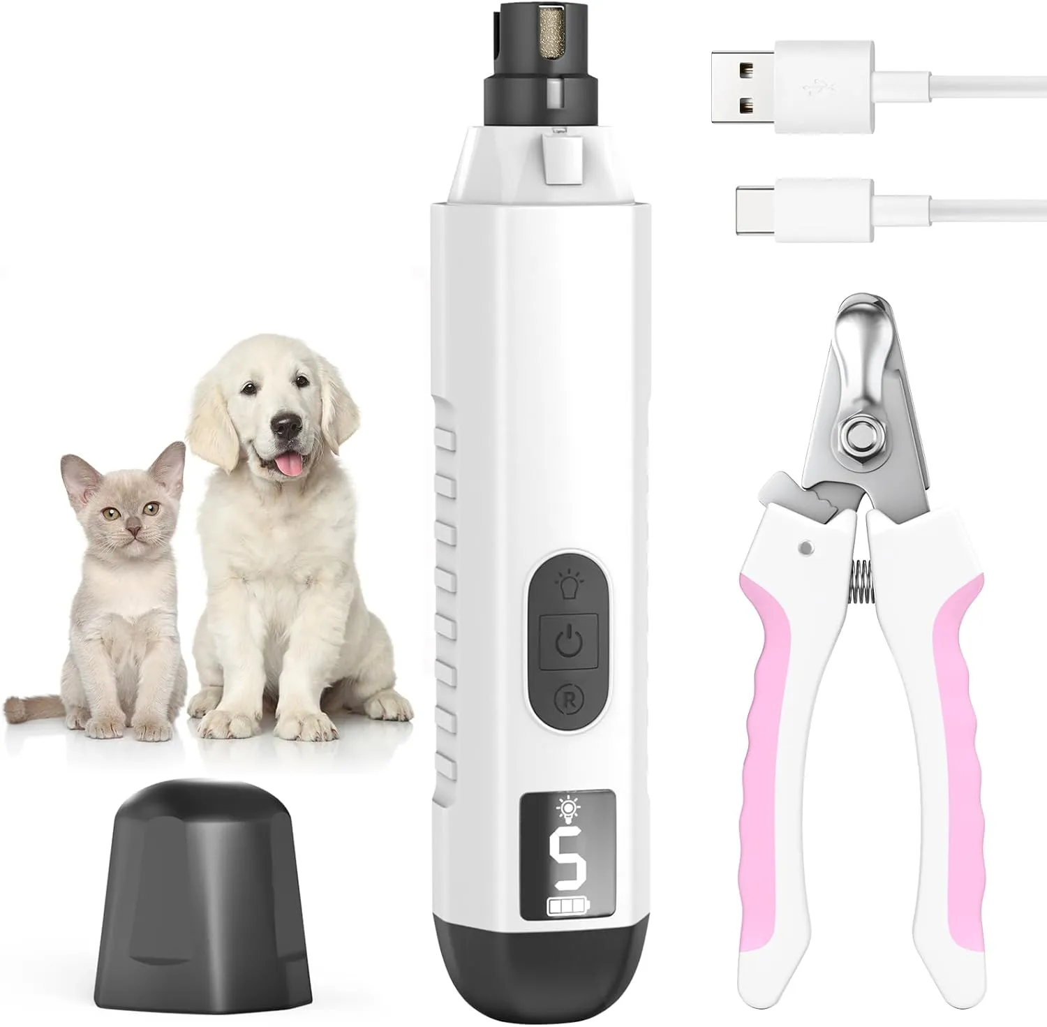 Dog Nail Grinder, Dog Nail Trimmers and Clippers Kit, 5 Speeds Nail Grinder for Dogs, Rechargeable Dog Nail Grinder with LED Light, Nail Grinder for Dogs Quiet, Nail Trimmer Nail Grinder for Dogs Cats