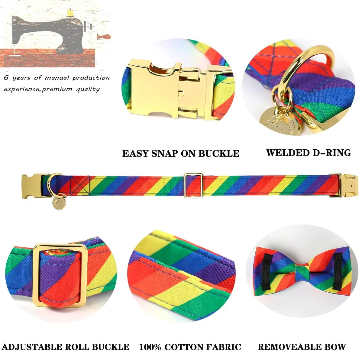 DOGWONG Rainbow Flag Dog Collar with Bowtie- Gay Pride Dog Collars LGBTQ Flags Equality Pet Collars for Small Medium Large Dogs