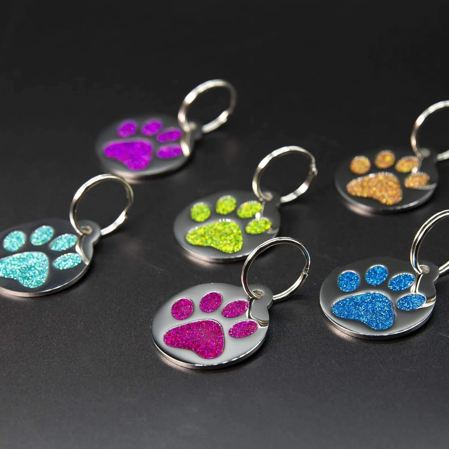 Engraved Pet Tag for Dogs & Cats - Personalized with 4 Lines of Custom Engraved ID, Round Paw Print Stainless Steel Enameled Ocean Blue Regular