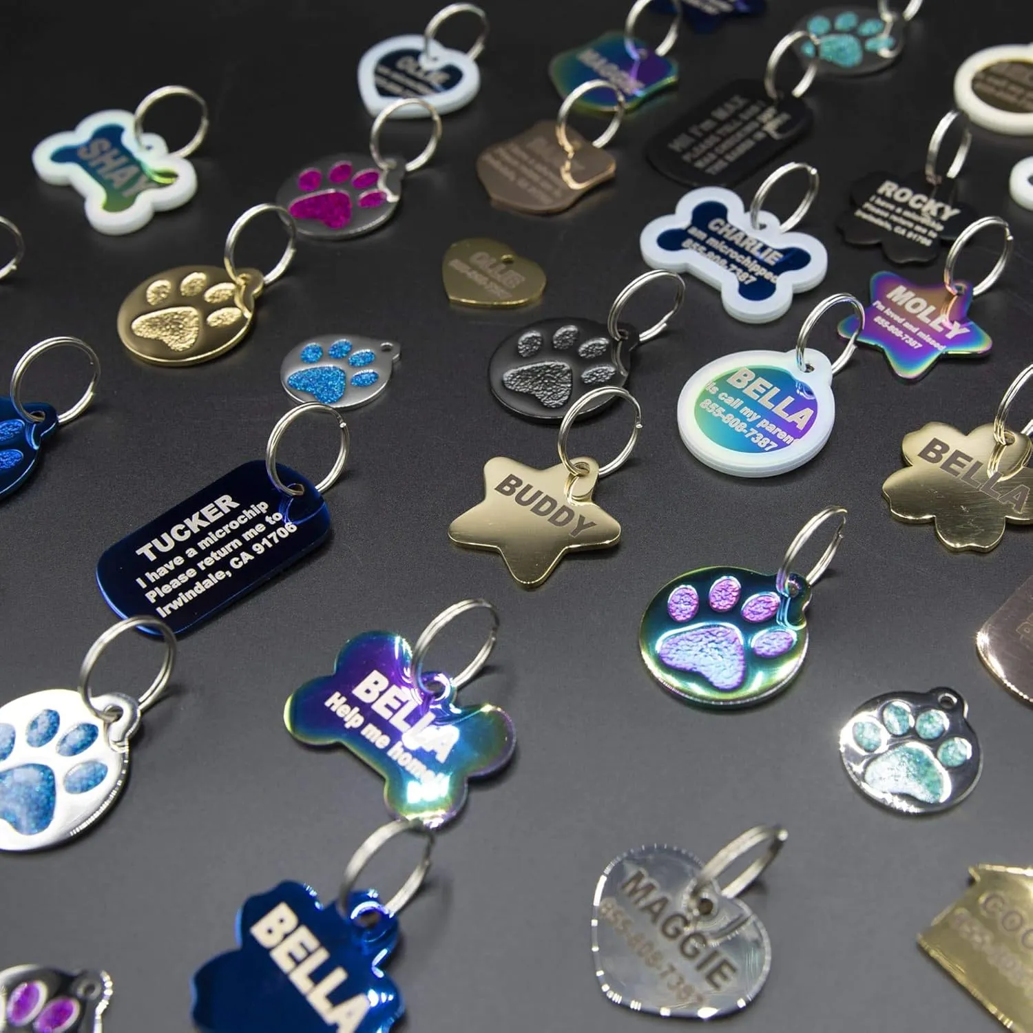 Engraved Pet Tag for Dogs & Cats - Personalized with 4 Lines of Custom Engraved ID, Round Paw Print Stainless Steel Enameled Ocean Blue Regular
