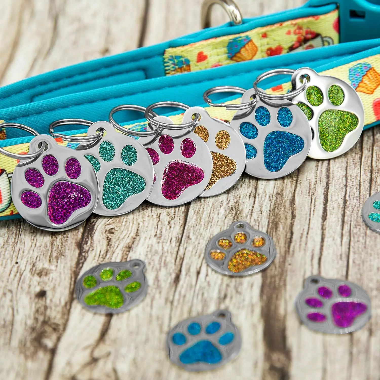 Engraved Pet Tag for Dogs & Cats - Personalized with 4 Lines of Custom Engraved ID, Round Paw Print Stainless Steel Enameled Ocean Blue Regular