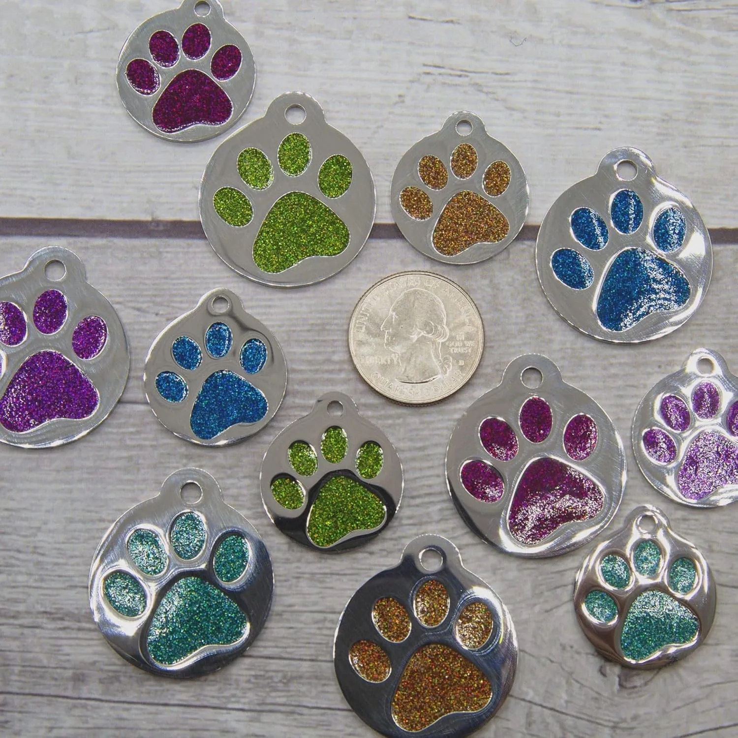 Engraved Pet Tag for Dogs & Cats - Personalized with 4 Lines of Custom Engraved ID, Round Paw Print Stainless Steel Enameled Ocean Blue Regular