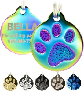Engraved Pet Tag for Dogs and Cats - Personalized Front & Back up to 8 Lines of Text Custom Engraved ID, Round Paw Print Solid Plating Stainless Steel in 5 colors: Gold, Rose Gold, Blue, Black, Nebula