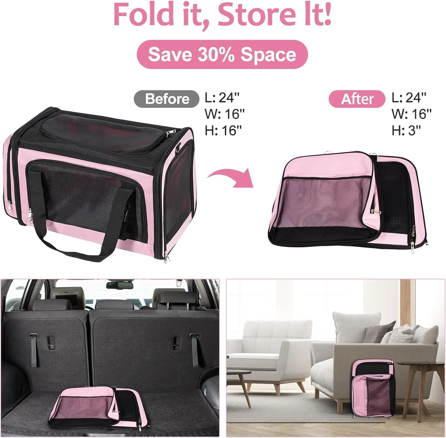 Extra Large Cat Carrier for 2 Cats, Pet Carrier, Dog Carrier for Small Dogs, Cat Carrier Soft, Collapsible Large Pet Carrier for Traveling Indoor and Outdoor Uses - Pink 24"x16"x16"