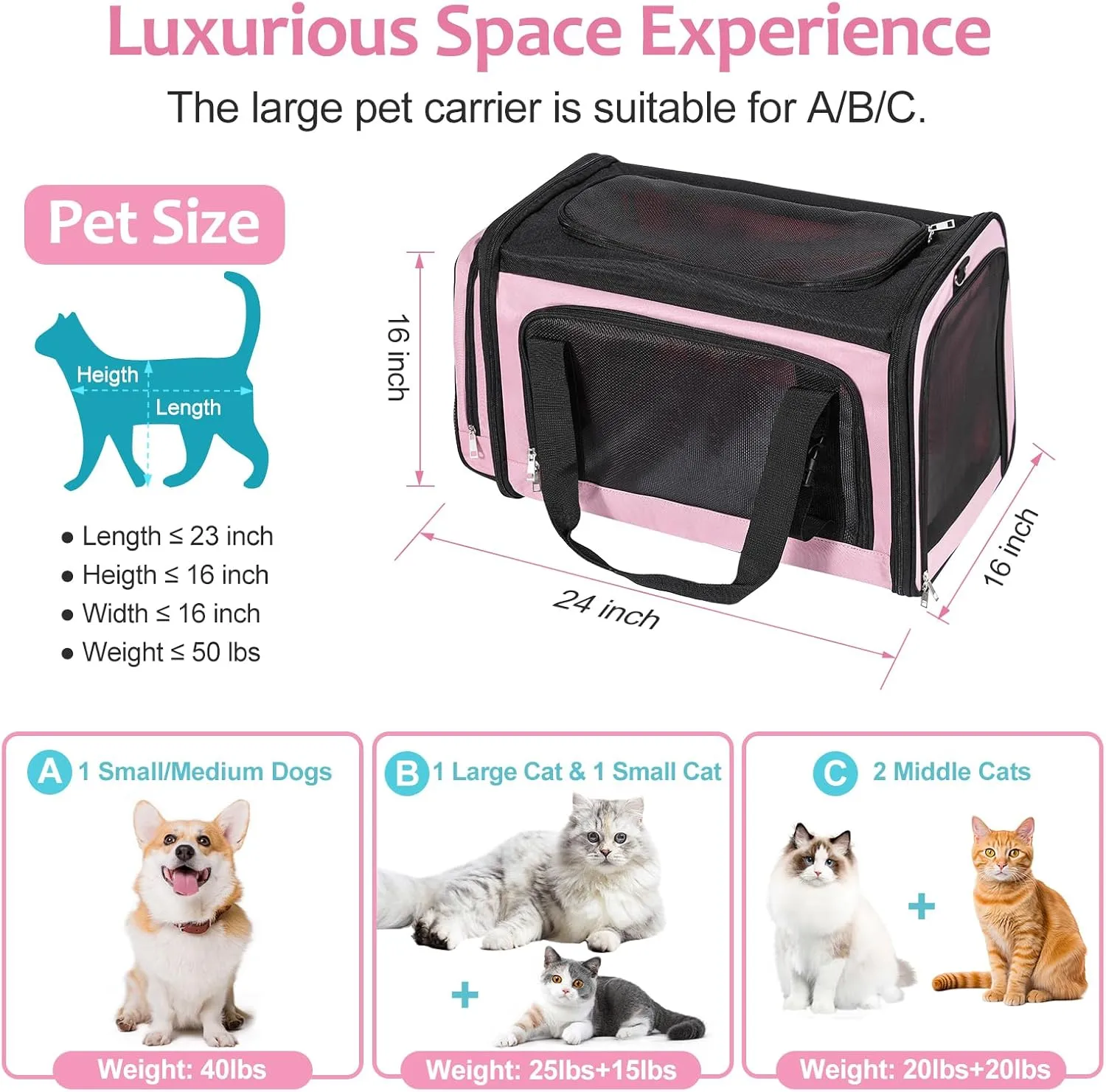 Extra Large Cat Carrier for 2 Cats, Pet Carrier, Dog Carrier for Small Dogs, Cat Carrier Soft, Collapsible Large Pet Carrier for Traveling Indoor and Outdoor Uses - Pink 24"x16"x16"