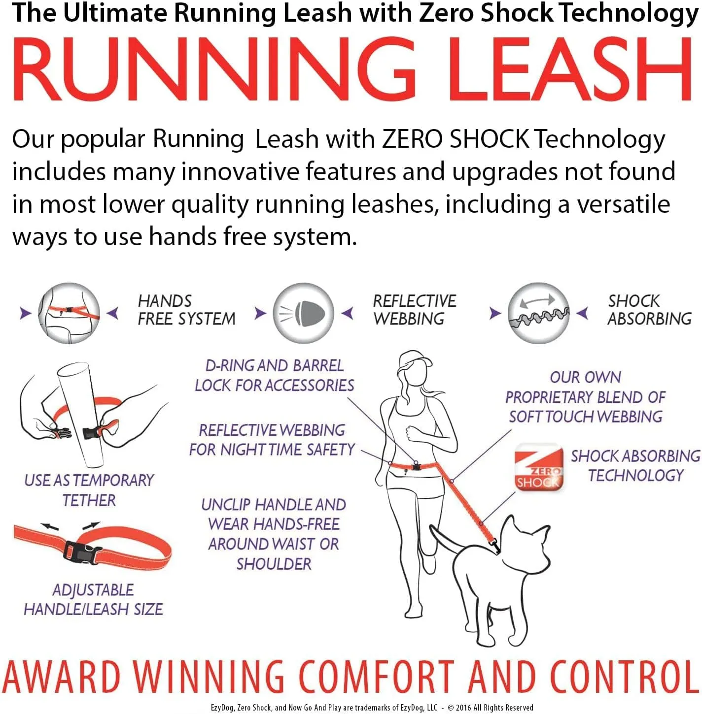 EzyDog Road Runner Hands Free Dog Leash  Waist Leash for Dog Walking, Jogging and Running with Zero Shock Bungee, Reflective Stitching, and Adjustable Waist (Orange)
