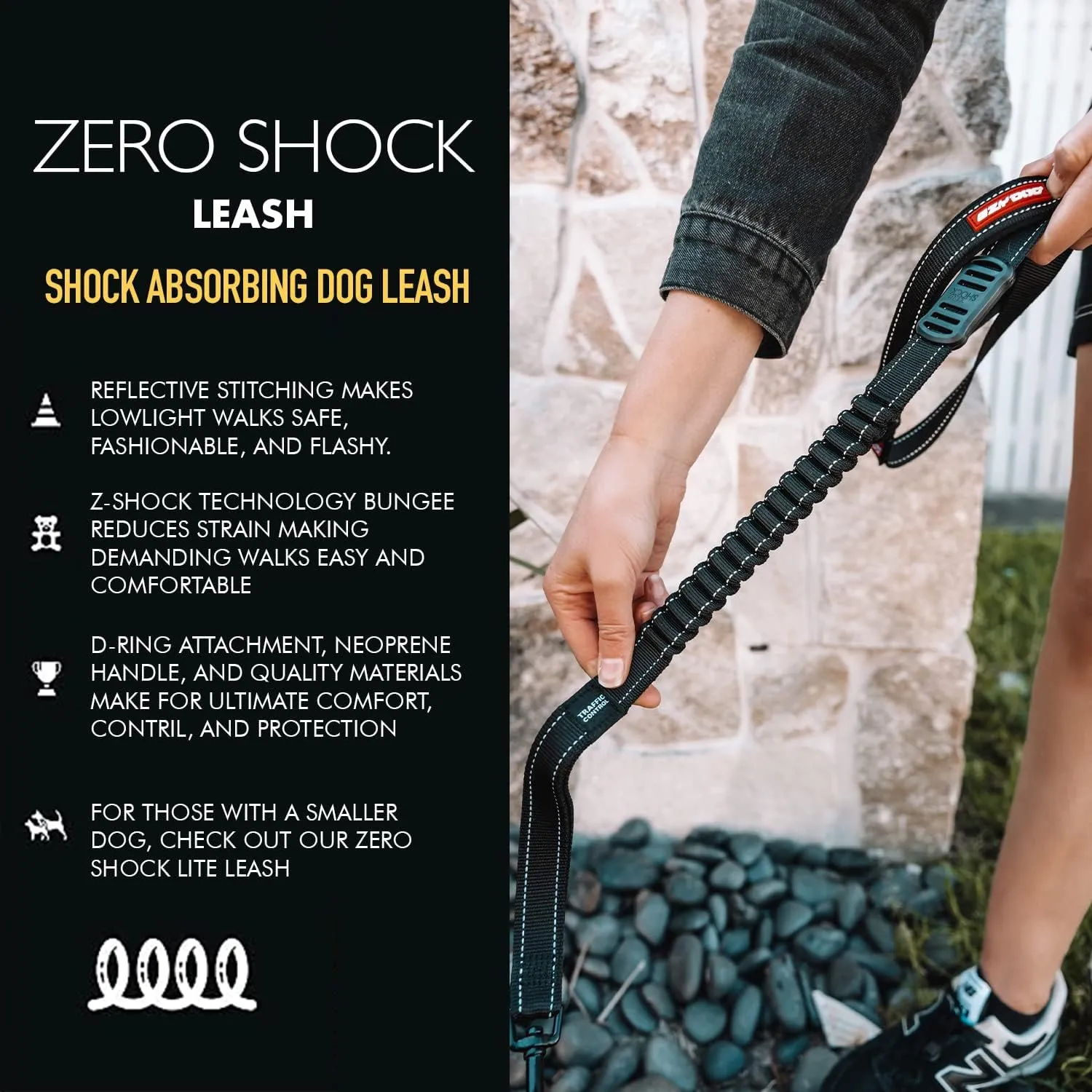 EzyDog Zero Shock Dog Leash - Shock Absorbing Bungee Leash for Dogs That Pull or Excite - Dual Handle and Reflective for Large, Medium, or Small Dogs (72-Inch, Black)