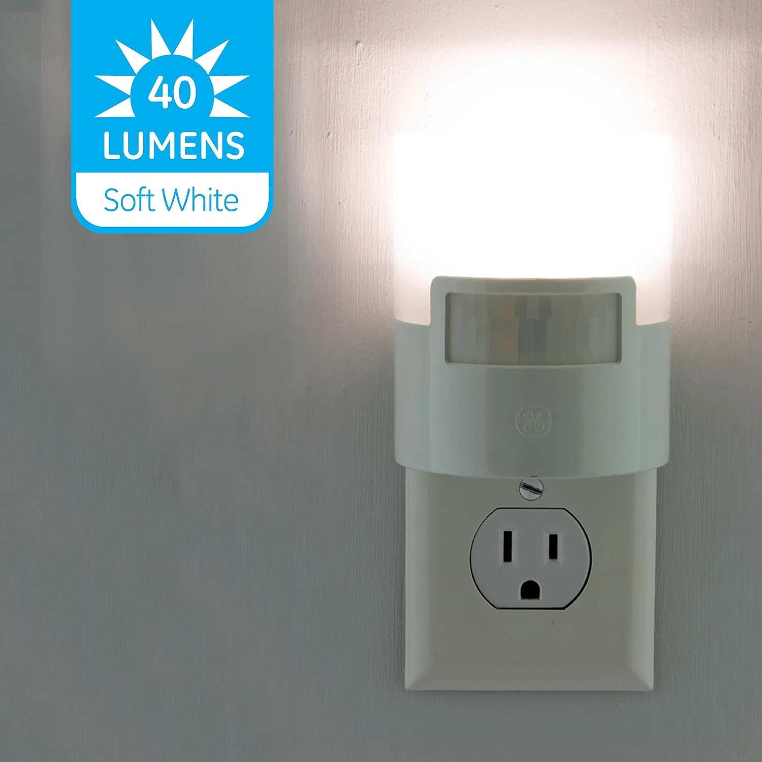 GE LED Motion Sensor Night Light, Plug-in, 40 Lumens, Warm White, UL-Certified, Energy Efficient, Ideal Nightlight for Bedroom, Bathroom, Kitchen, Hallway, 12201, White, 2 Pack