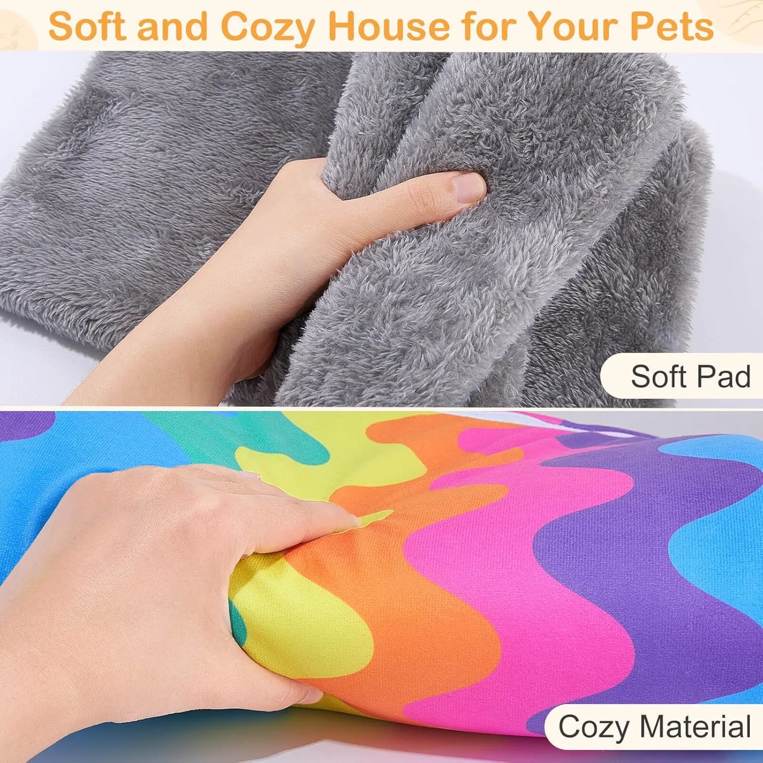 Glittme Guinea Pig Hideout with Curtain and Tunnel - Soft Bed with Cushion - Suitable for Guinea Pig, Hamster, Chinchilla, Bunny, Ferret - Washable House