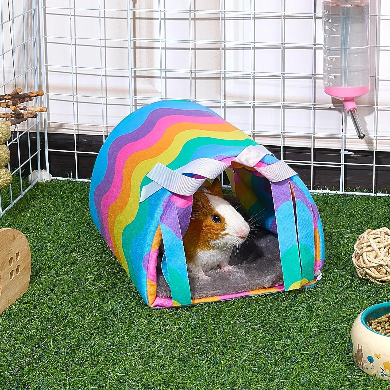 Glittme Guinea Pig Hideout with Curtain and Tunnel - Soft Bed with Cushion - Suitable for Guinea Pig, Hamster, Chinchilla, Bunny, Ferret - Washable House
