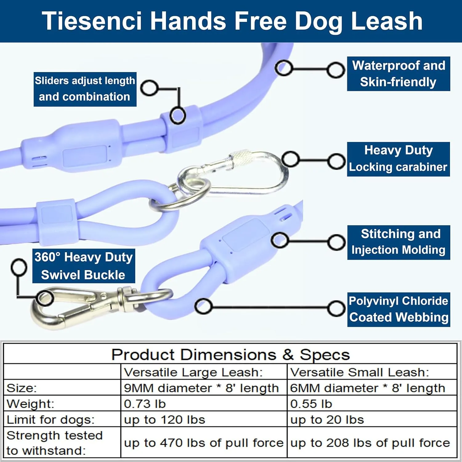 Hands Free Dog Leash Crossbody & Waist Leash for Dog Walking, 9-in-1 Waterproof Adjustable Puppy Collar and Pet Set No Pull Dog Harness for Large 20-120lb, Blush