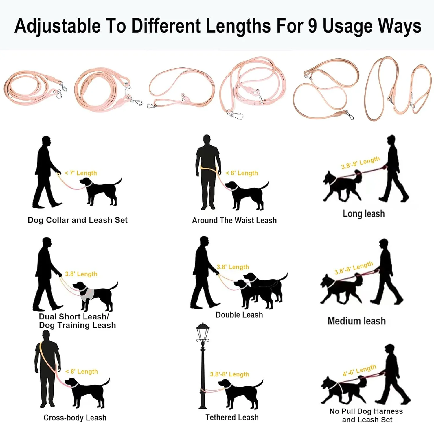 Hands Free Dog Leash Crossbody & Waist Leash for Dog Walking, 9-in-1 Waterproof Adjustable Puppy Collar and Pet Set No Pull Dog Harness for Large 20-120lb, Blush