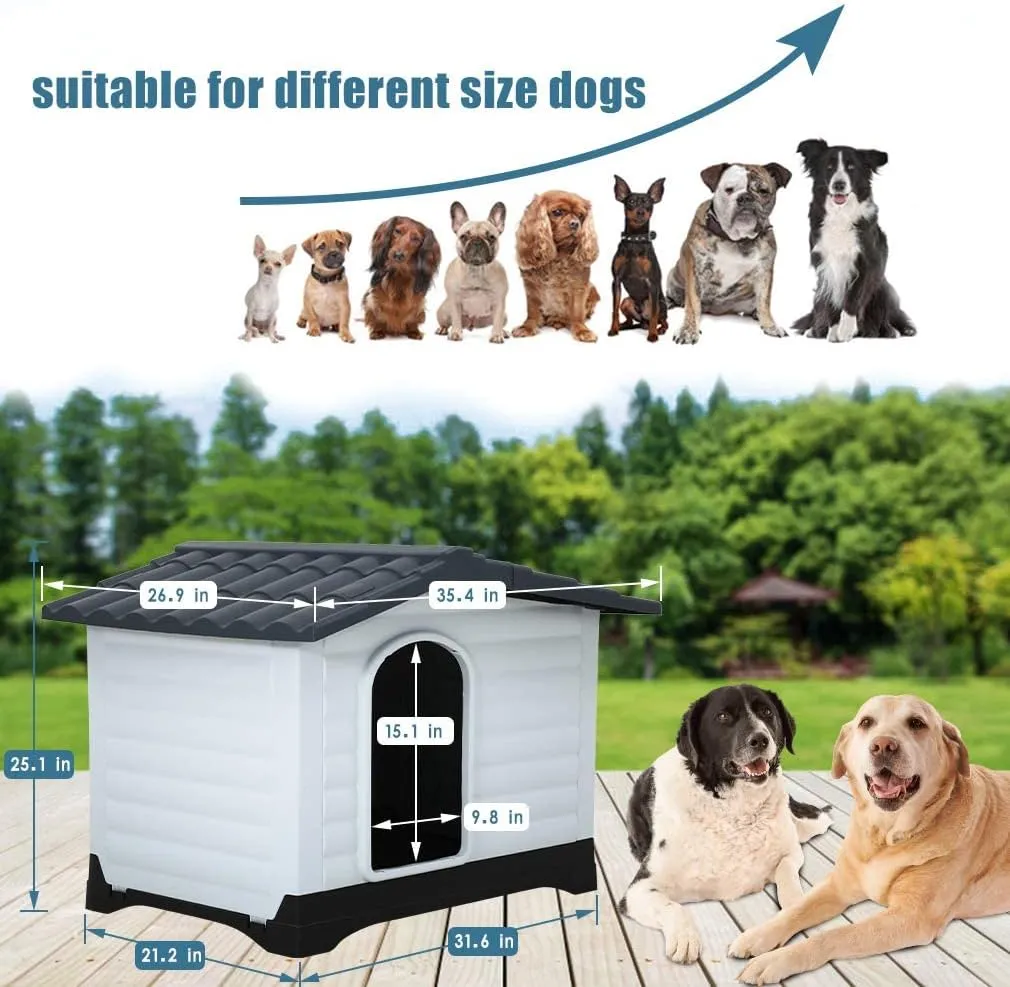 Indoor Outdoor Dog House Shelter Puppy Kennel,All Weather Plastic Dog Houses Durable Waterproof Ventilate Pet House for Small Medium Large Dogs w/Base Support House Air Vents & Elevated Floor 26 Inch