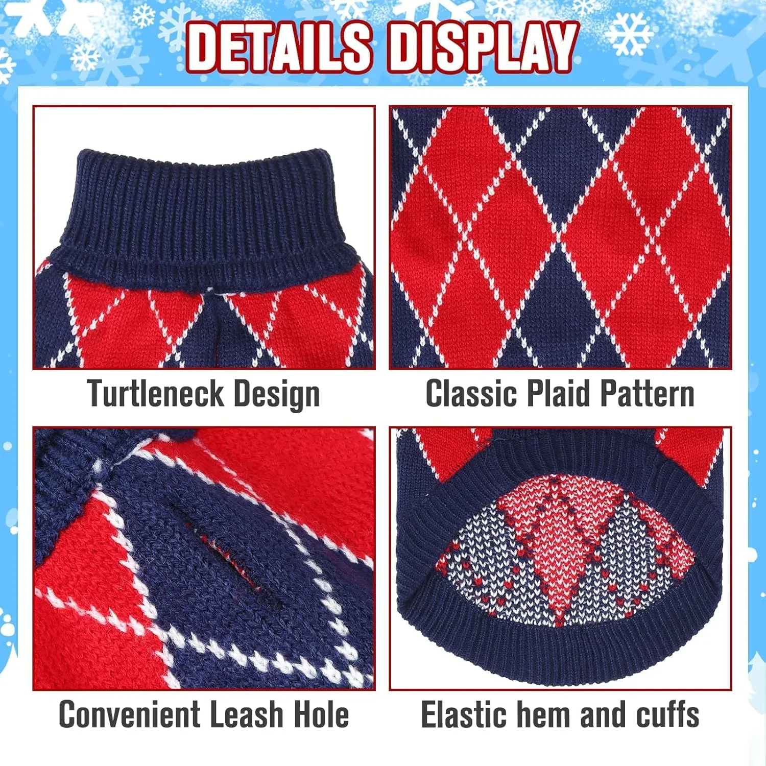 KOOLTAIL Small Dog Sweater - Knit Turtleneck Cold Weather Pullover for Medium Large Dogs, Soft Diamond Plaid Knitwear Winter Warm Clothes, Pet Coat for Puppy Cat Girls Boys XS