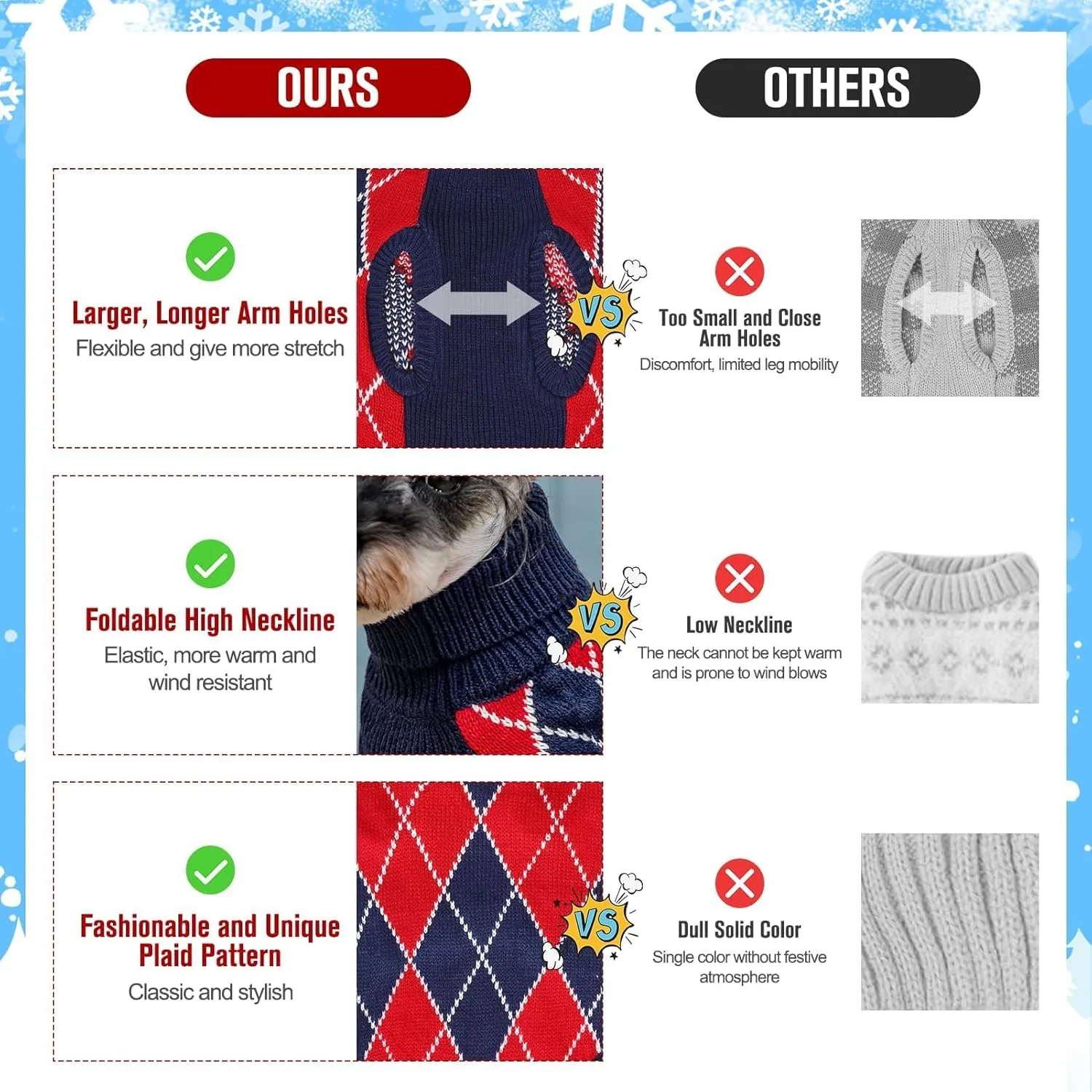 KOOLTAIL Small Dog Sweater - Knit Turtleneck Cold Weather Pullover for Medium Large Dogs, Soft Diamond Plaid Knitwear Winter Warm Clothes, Pet Coat for Puppy Cat Girls Boys XS