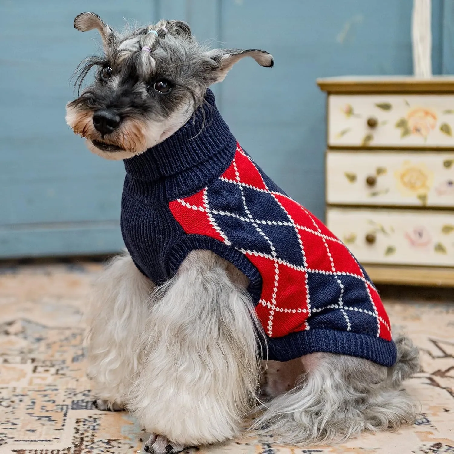KOOLTAIL Small Dog Sweater - Knit Turtleneck Cold Weather Pullover for Medium Large Dogs, Soft Diamond Plaid Knitwear Winter Warm Clothes, Pet Coat for Puppy Cat Girls Boys XS