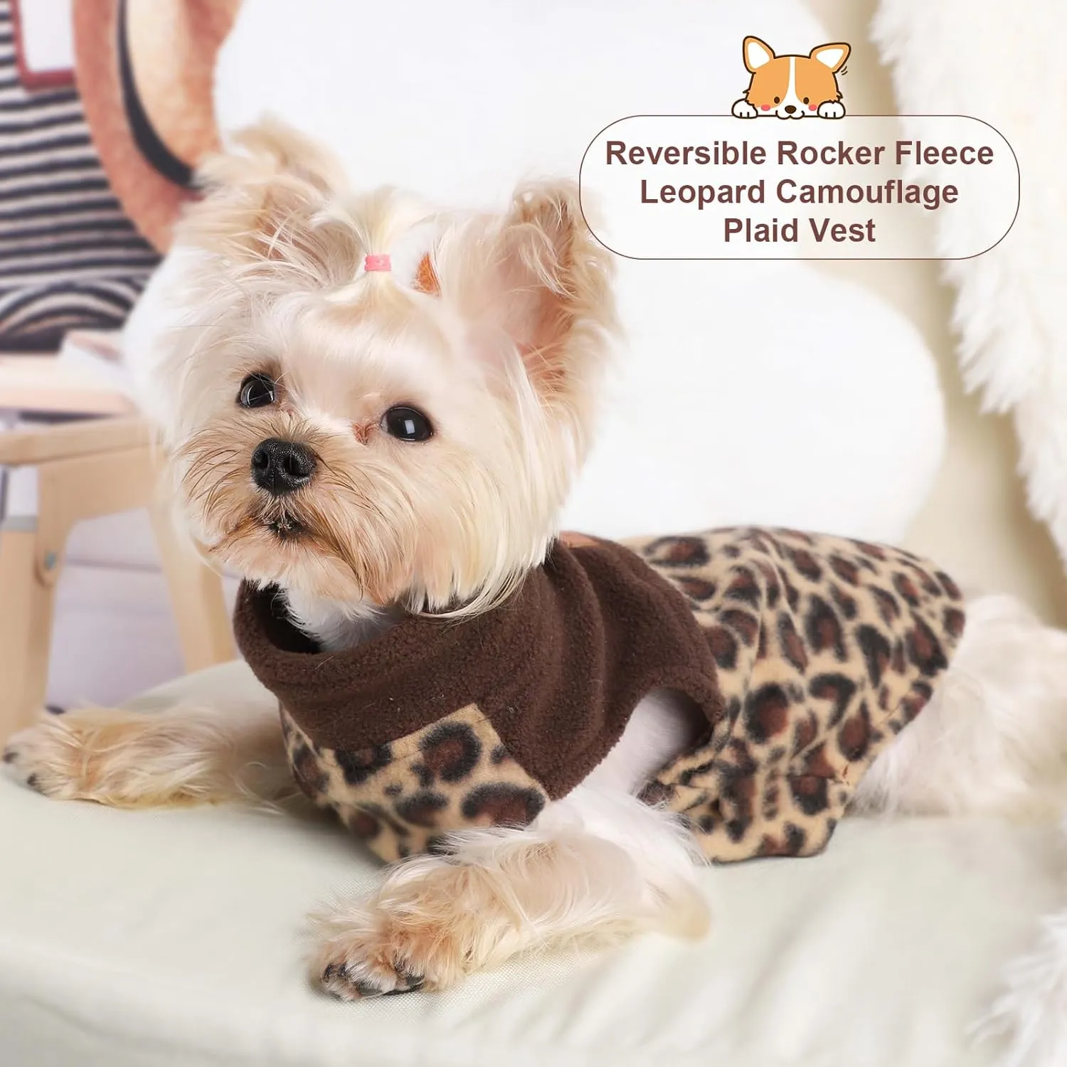 Kosiyi Fleece Leopard Vest Dog Sweater Stretchy Sweatshirt with Leash Hole Pet Clothes Lightweight Dog Cold Weather Coat for Small Dogs Boy Girl, XXS, Leopard