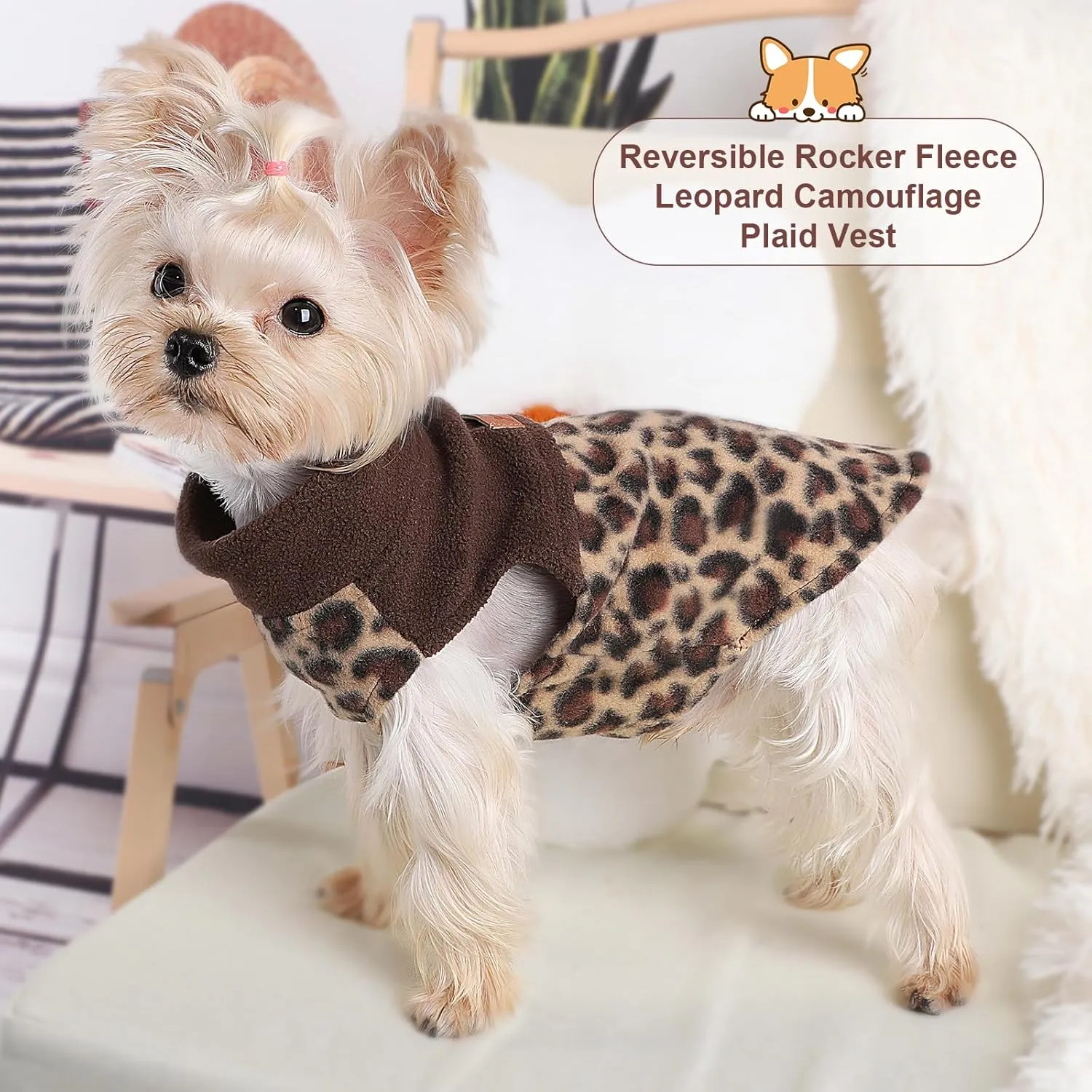 Kosiyi Fleece Leopard Vest Dog Sweater Stretchy Sweatshirt with Leash Hole Pet Clothes Lightweight Dog Cold Weather Coat for Small Dogs Boy Girl, XXS, Leopard
