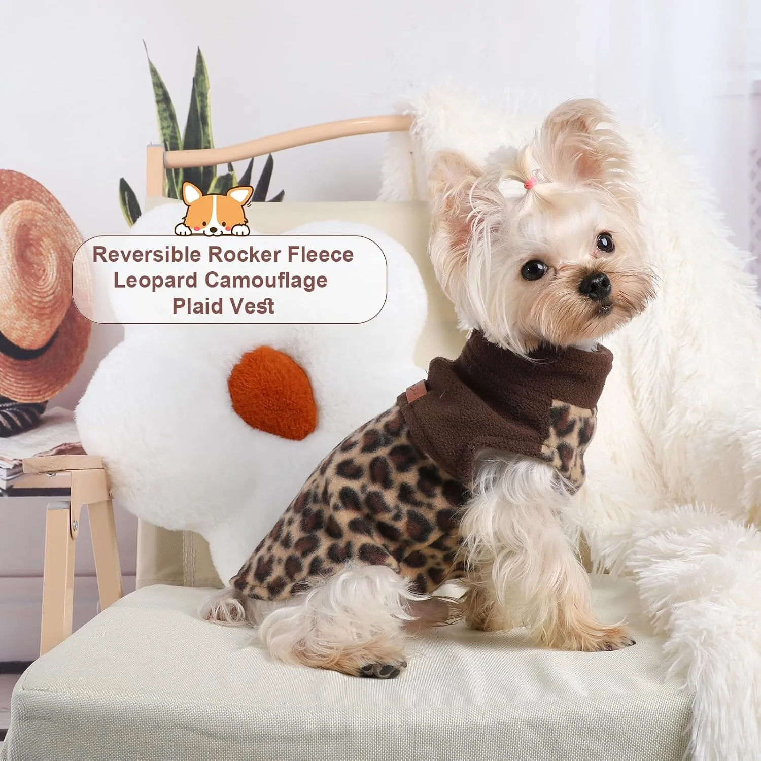 Kosiyi Fleece Leopard Vest Dog Sweater Stretchy Sweatshirt with Leash Hole Pet Clothes Lightweight Dog Cold Weather Coat for Small Dogs Boy Girl, XXS, Leopard