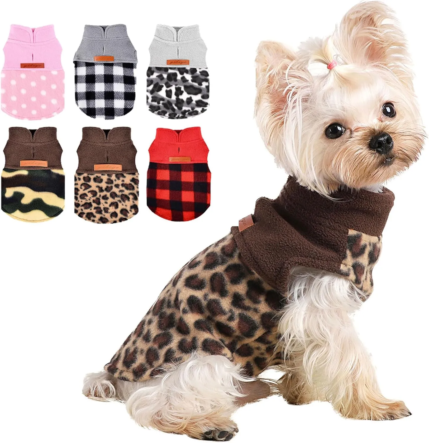 Kosiyi Fleece Leopard Vest Dog Sweater Stretchy Sweatshirt with Leash Hole Pet Clothes Lightweight Dog Cold Weather Coat for Small Dogs Boy Girl, XXS, Leopard