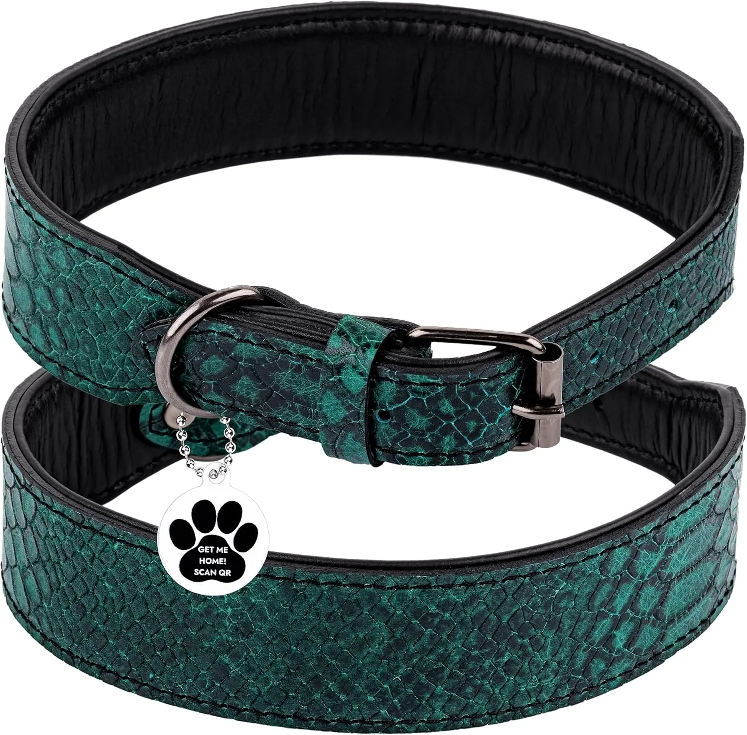 Luxury Leather Dog Collar With ID Tag QR, Wide Padded Design, Metal Buckle, Aesthetic (Green, M)