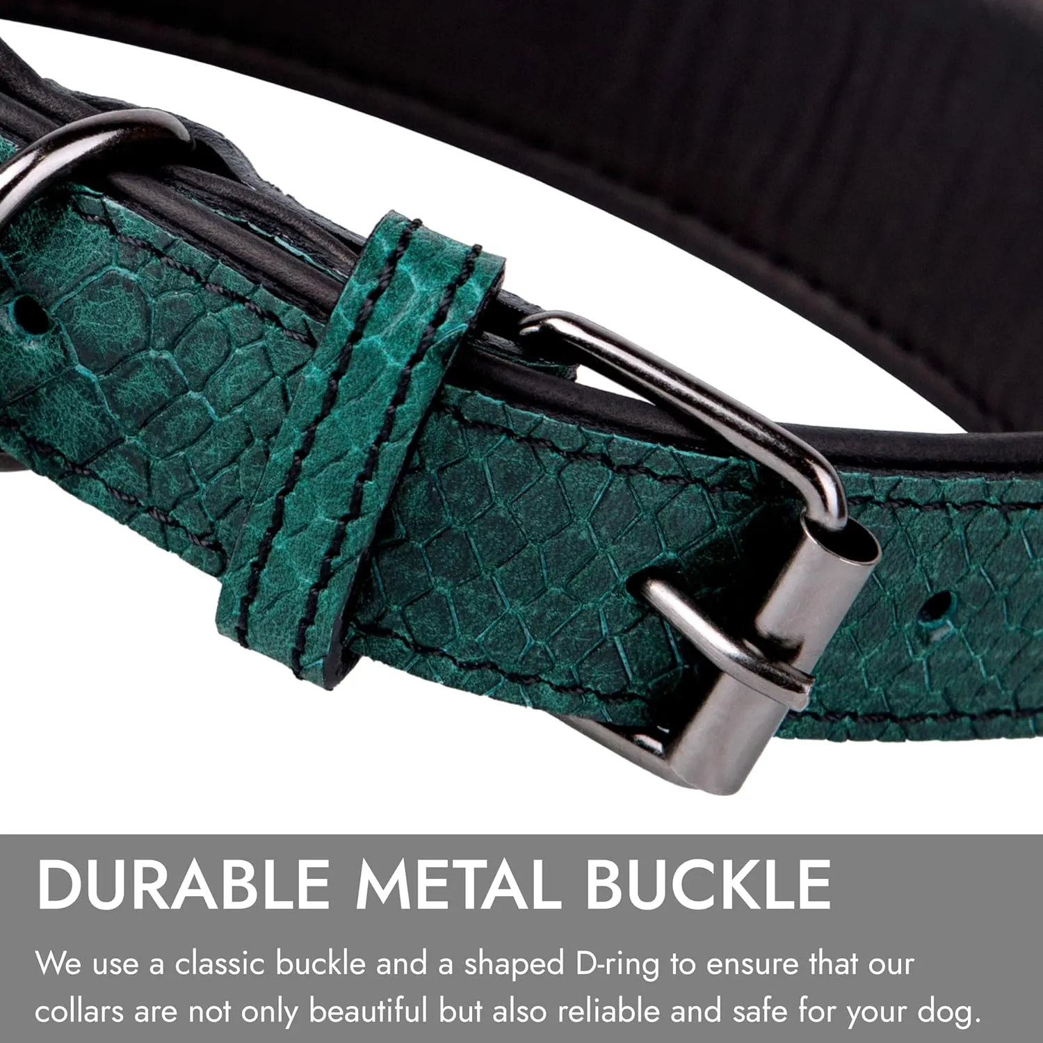 Luxury Leather Dog Collar With ID Tag QR, Wide Padded Design, Metal Buckle, Aesthetic (Green, M)