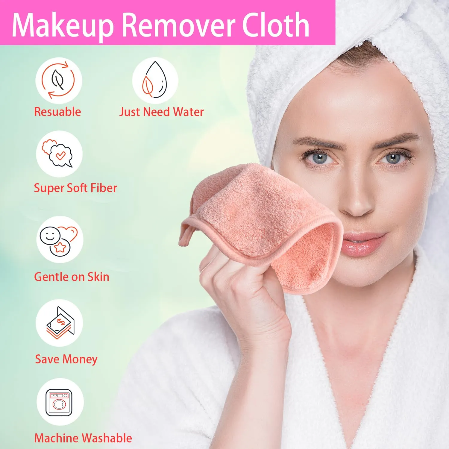 Makeup Remover Cloths for Face, Eye, Lips - Reusable Makeup Remover Pads Soft Microfiber Facial Cleansing Cloths 8 x 8 inch 12 Pack (Coral)