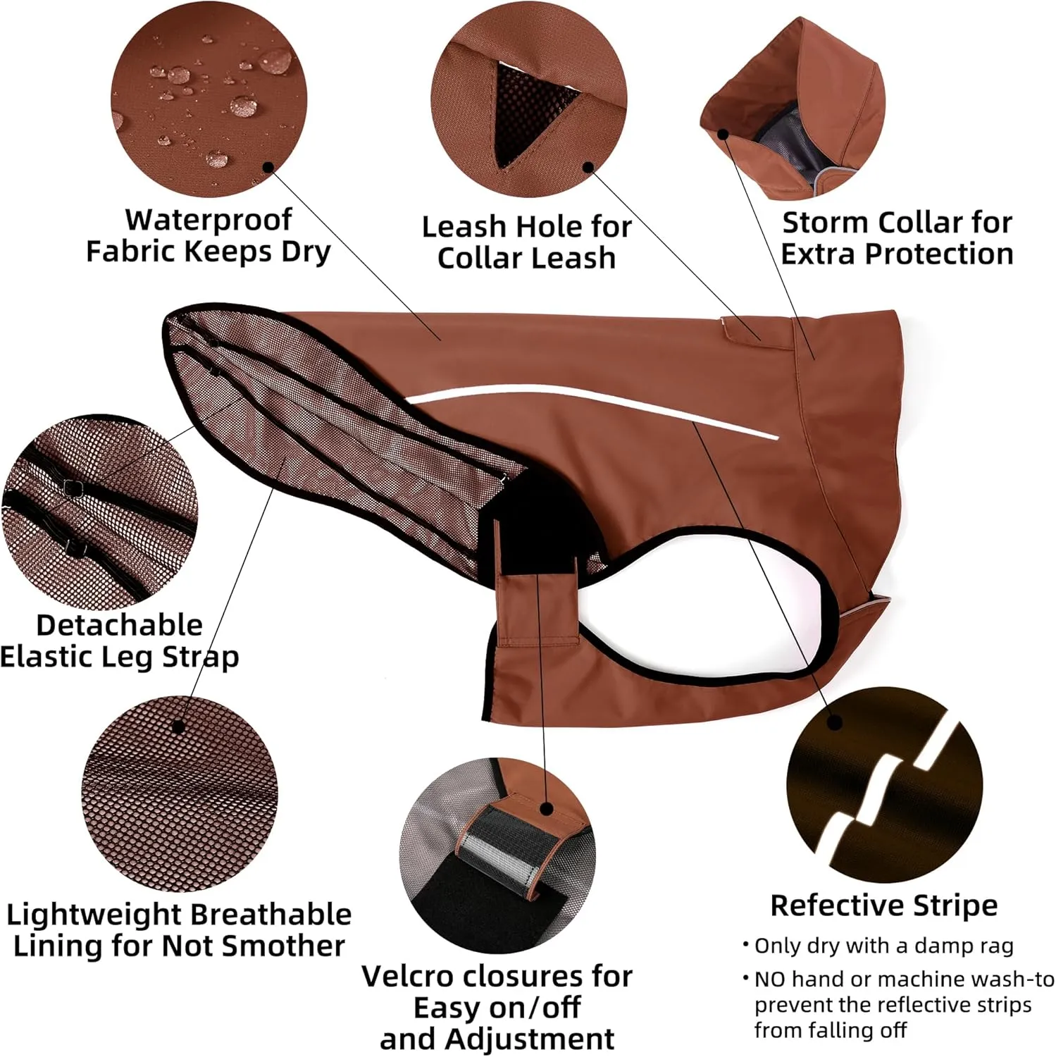 Mile High Life Dog Raincoat, Adjustable Waterproof Reflective Rain Jacket for Small Medium Large Dogs, Lightweight Breathable Pet Rain Coat with Leash Hole(Brown,XXS Chest 16-19")