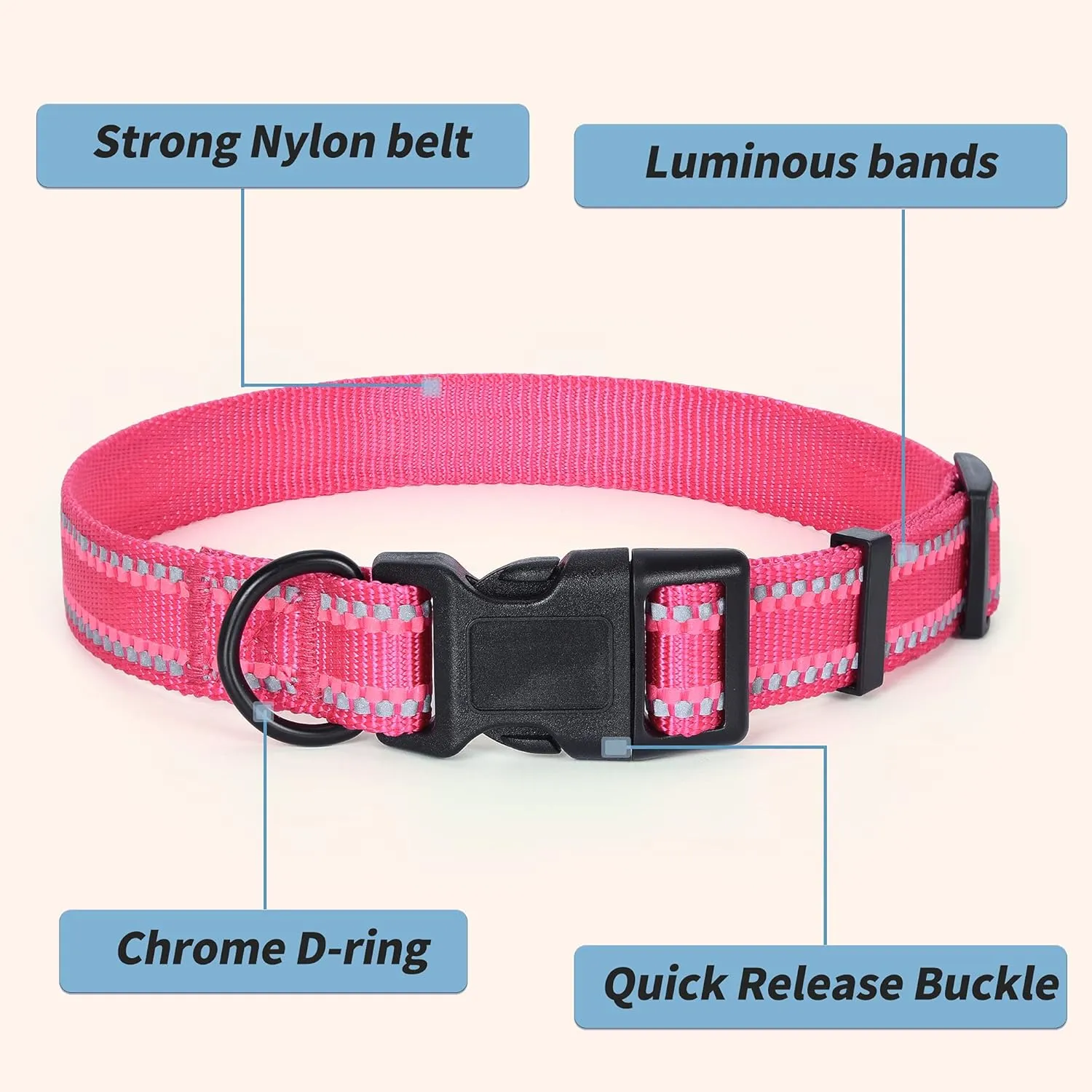 Mile High Life Nylon Night Light Glow Collar, Reflective Light Up Dog Collar, Fluorescent Self-Luminescent Strap for Small Medium Large Dogs (Pink, XS Neck9-13")